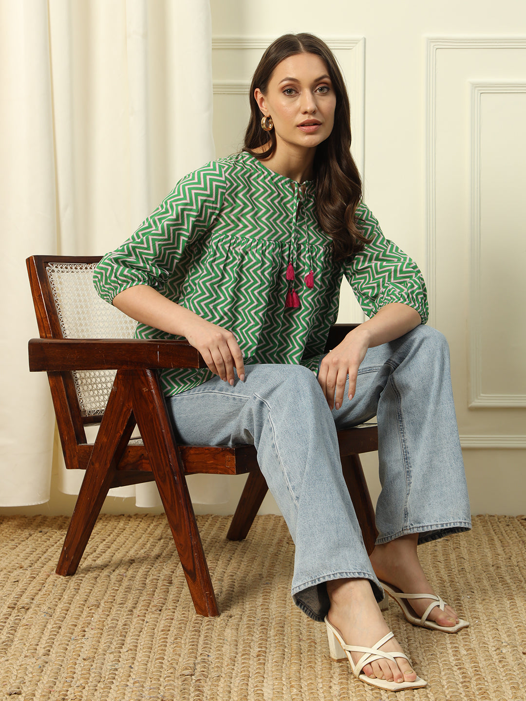 Women's Green Strip Printed Cotton Top