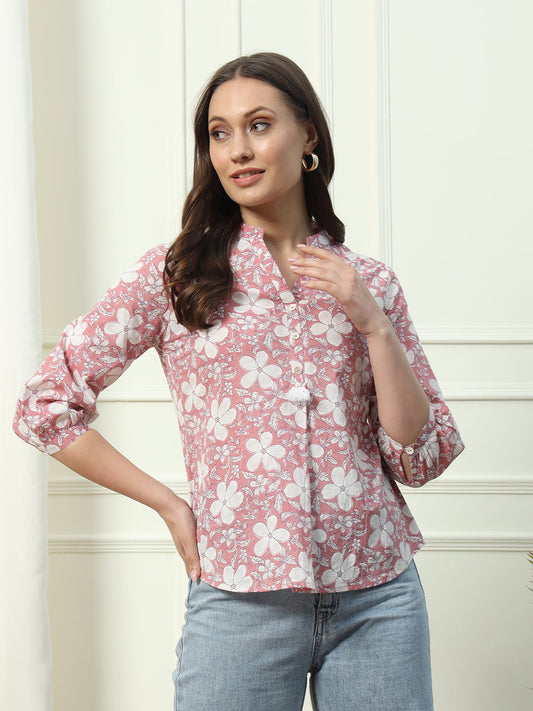 Women's Pink Floral Printed Cotton Top