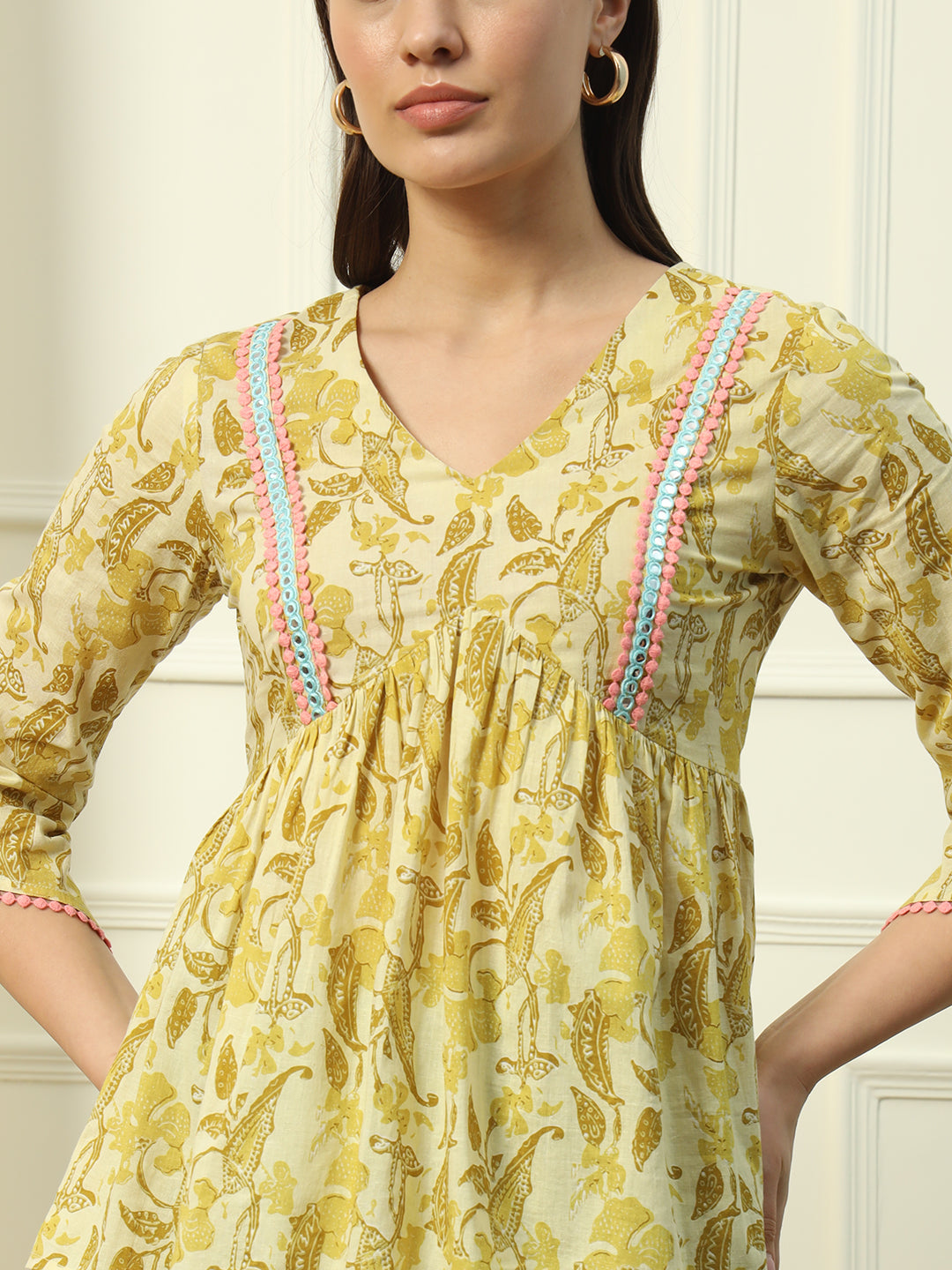 Women's Yellow Printed Cotton Top