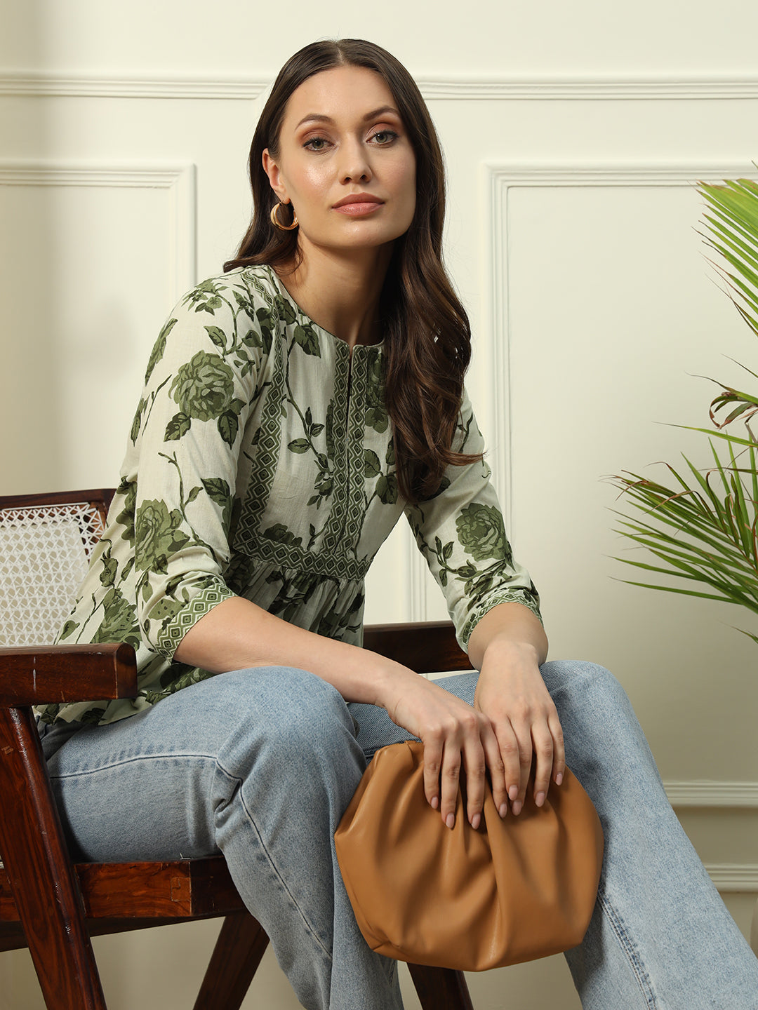 Women's Pista Green Floral Printed Cotton Top