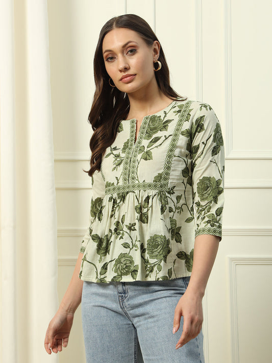 Women's Pista Green Floral Printed Cotton Top