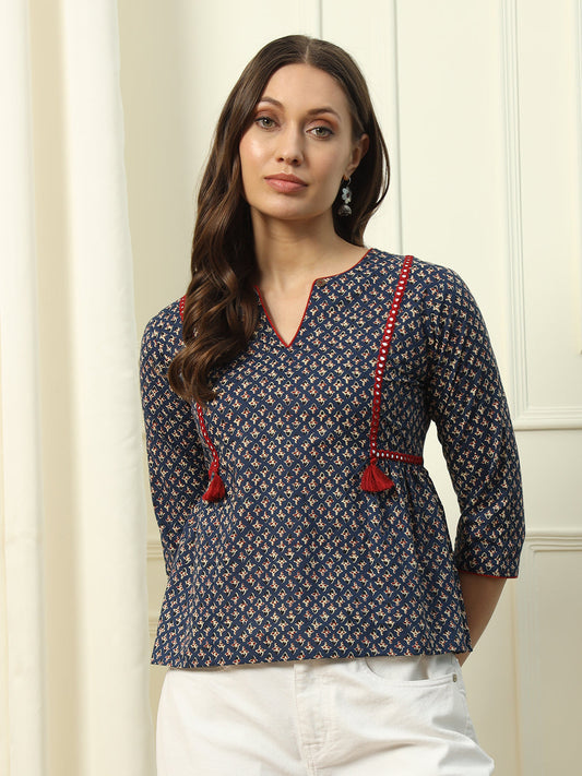Women's Blue Floral Printed Cotton Top
