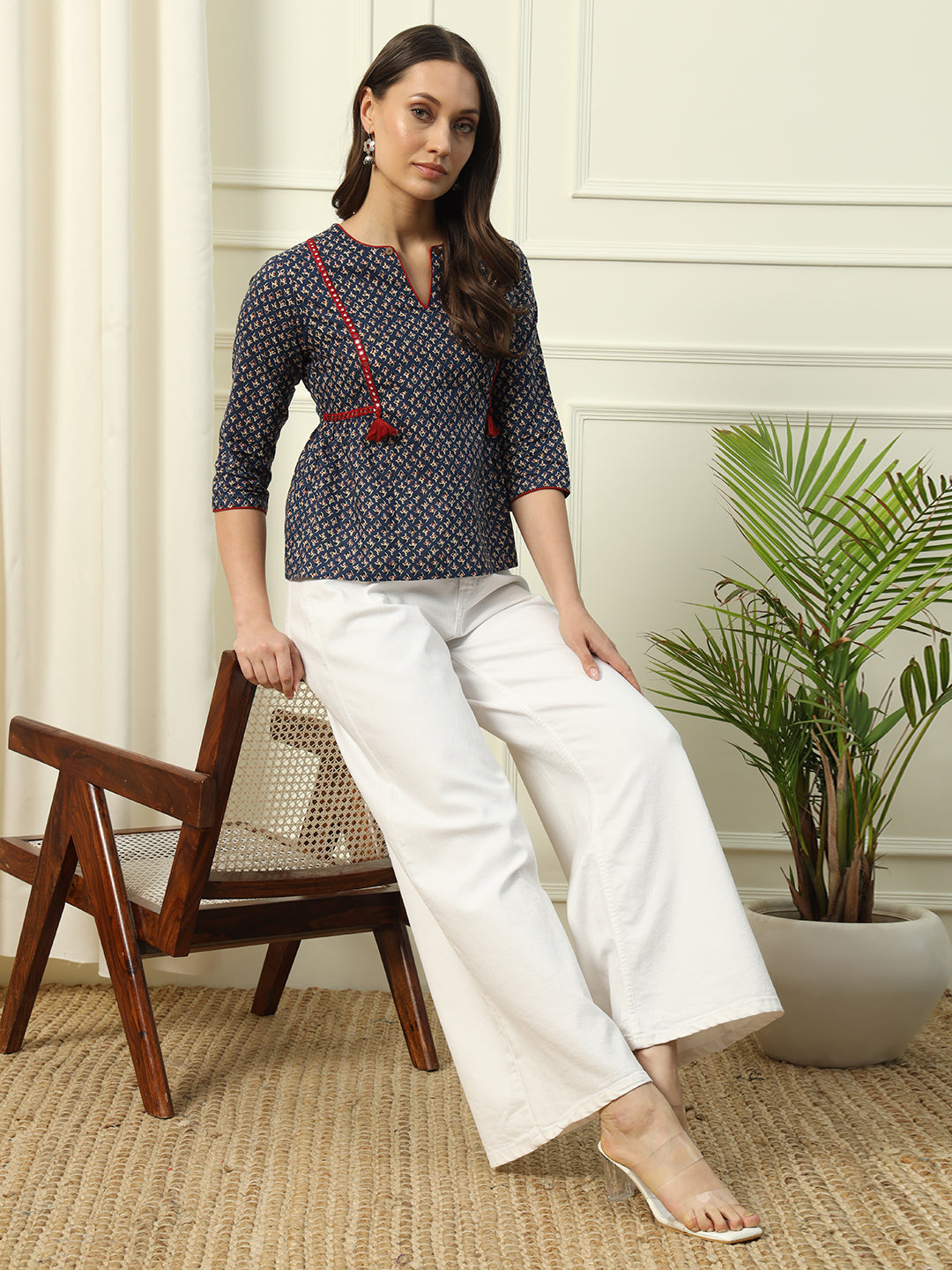 Women's Blue Floral Printed Cotton Top