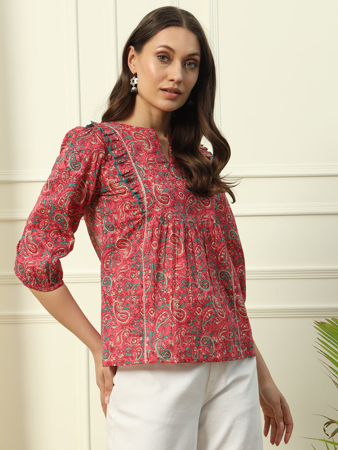 Women's Red Floral Printed Cotton Top