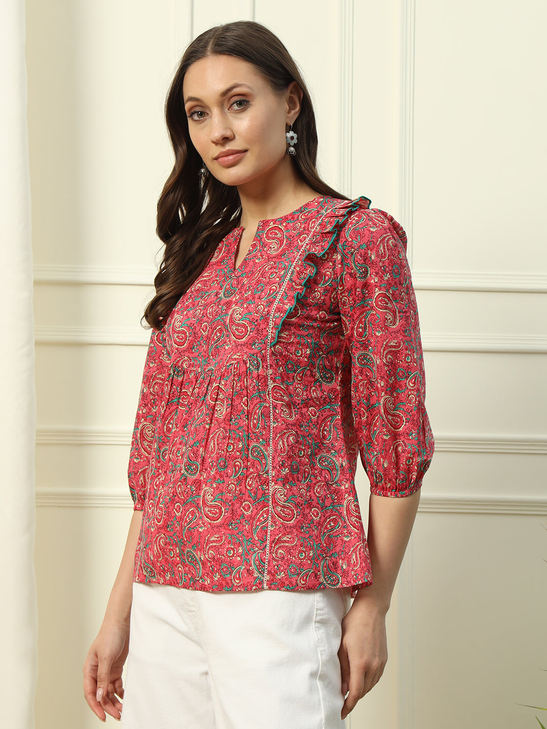 Women's Red Floral Printed Cotton Top