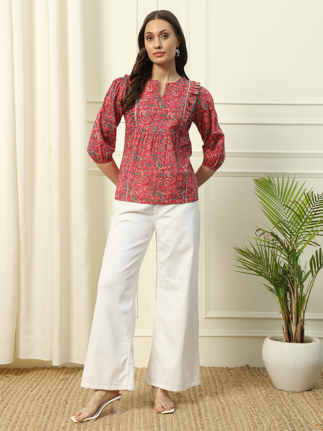 Women's Red Floral Printed Cotton Top