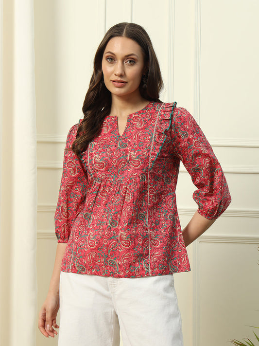 Women's Red Floral Printed Cotton Top