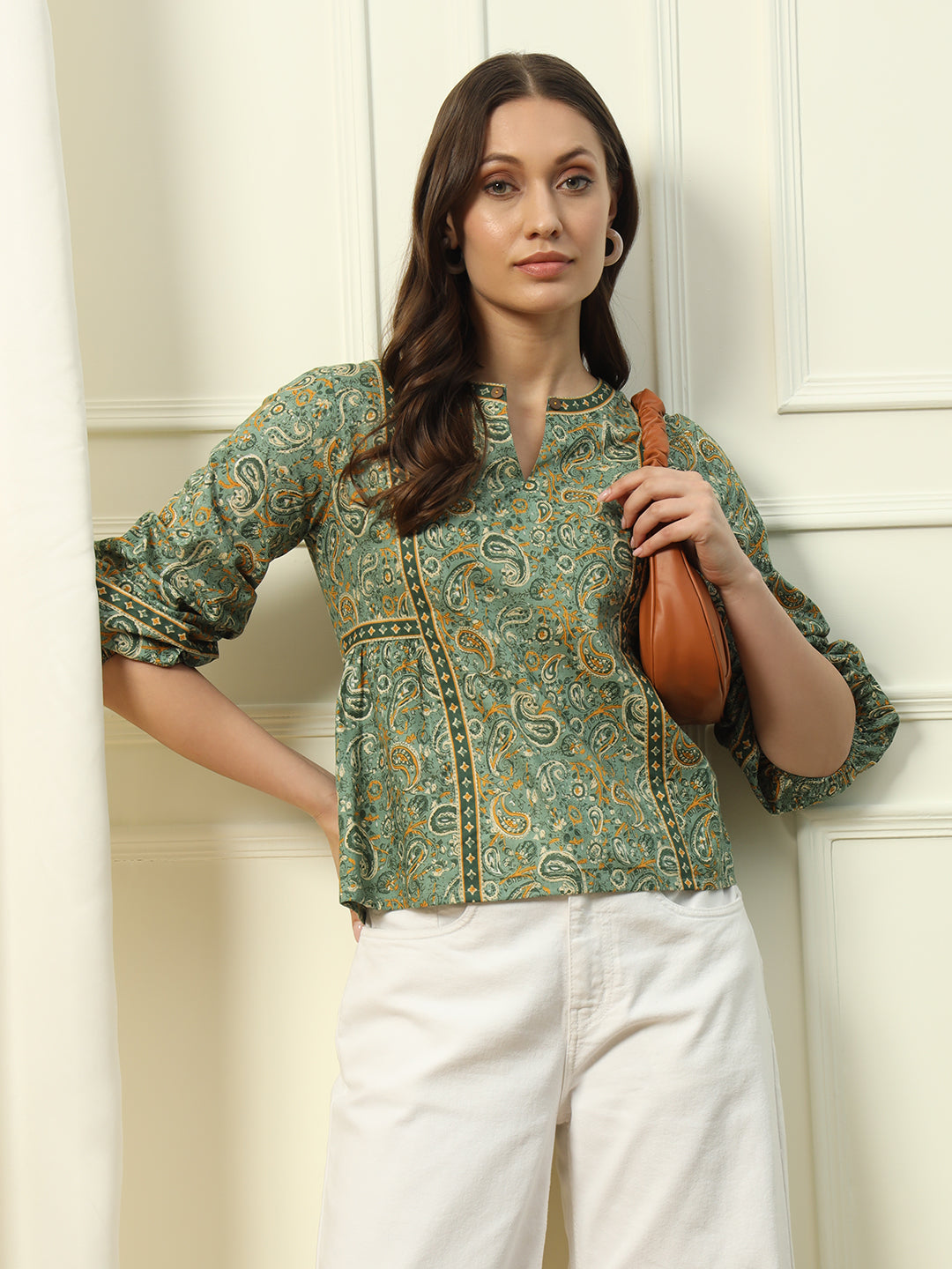 Women's Green Floral Printed Cotton Top