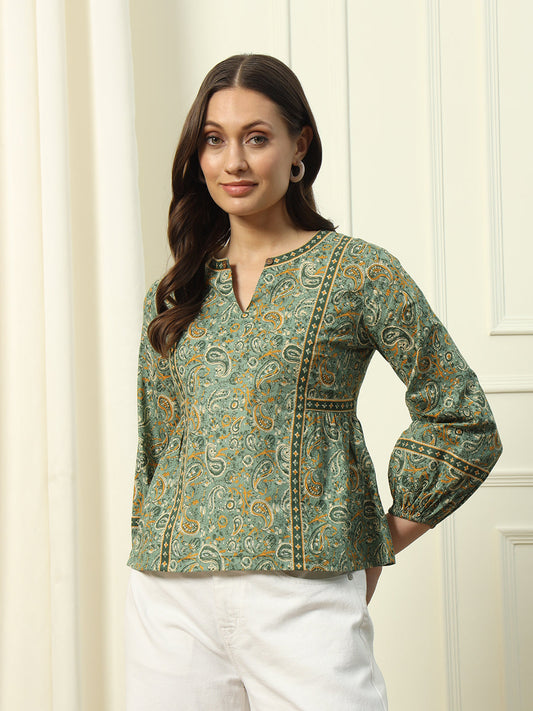 Women's Green Floral Printed Cotton Top