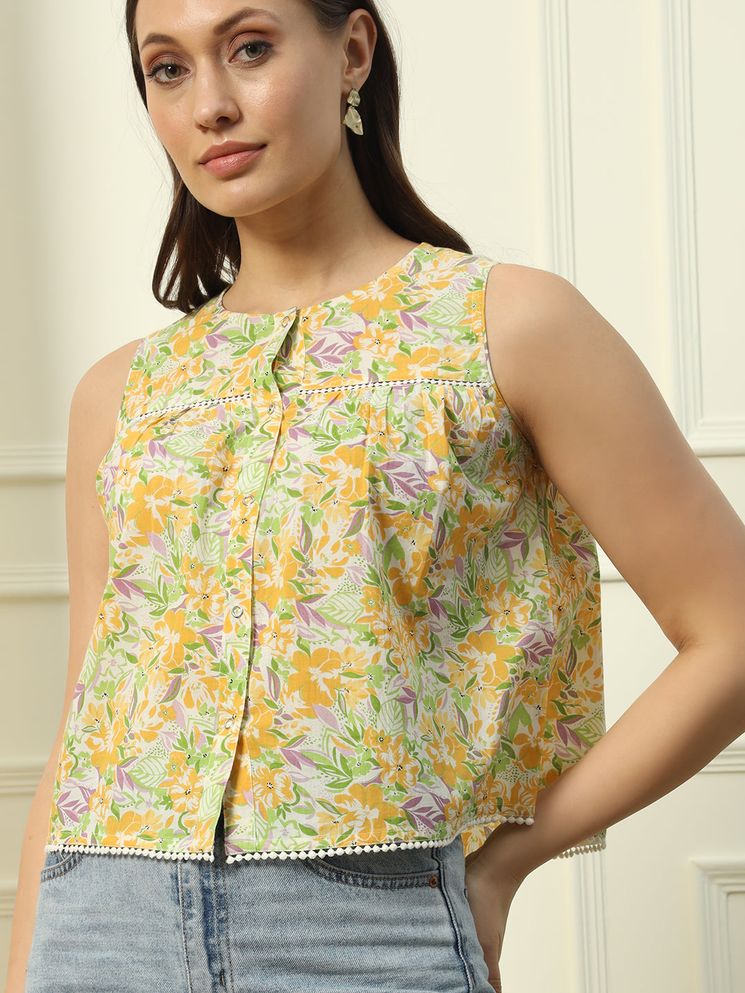 Women's Yellow Floral Printed Cotton Top