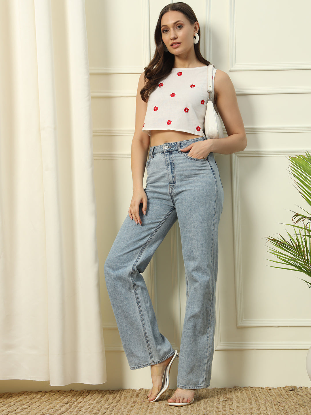 Dhiyona FL Women's White Embroidered Cotton Crop Top