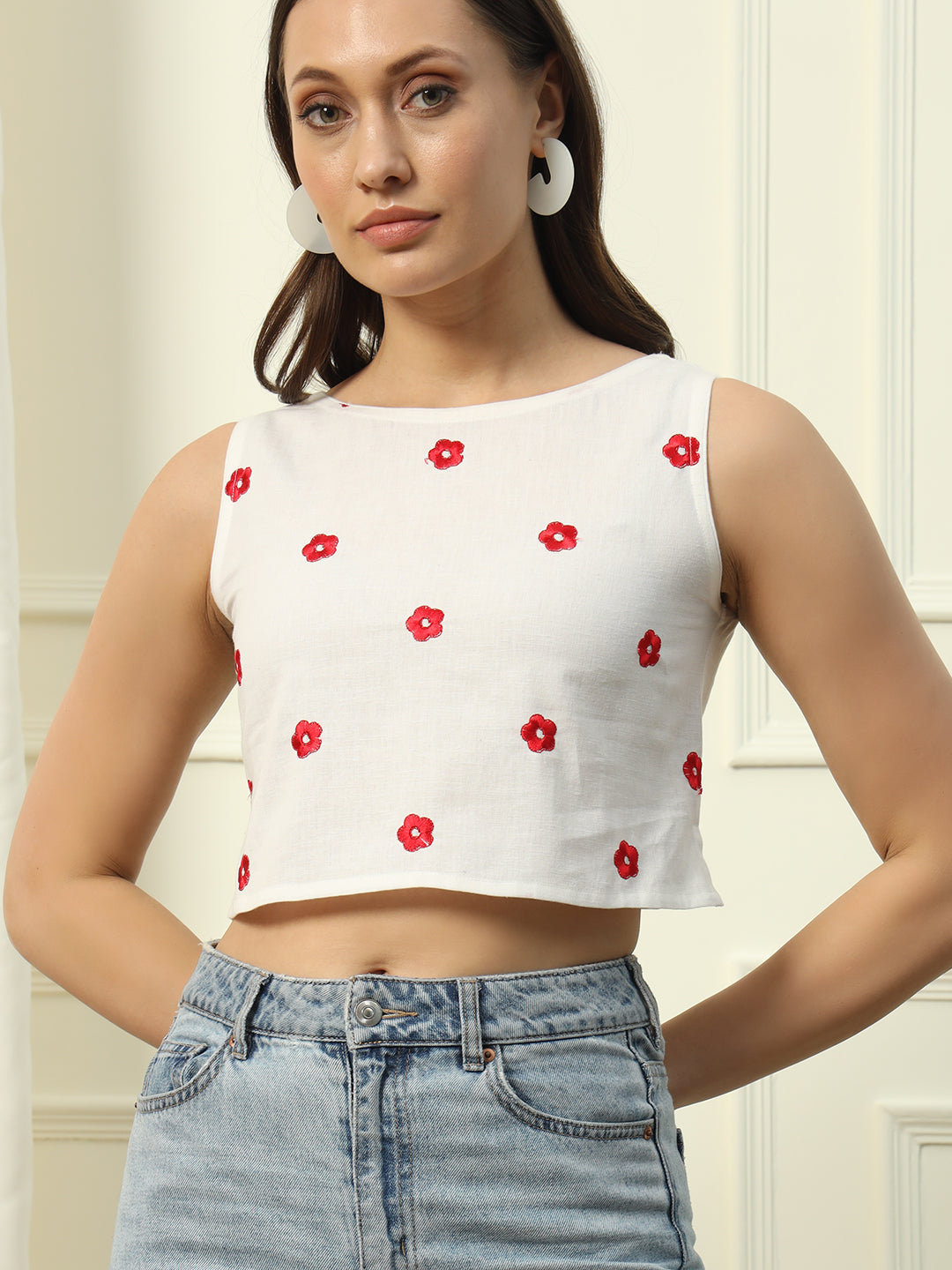 Dhiyona FL Women's White Embroidered Cotton Crop Top