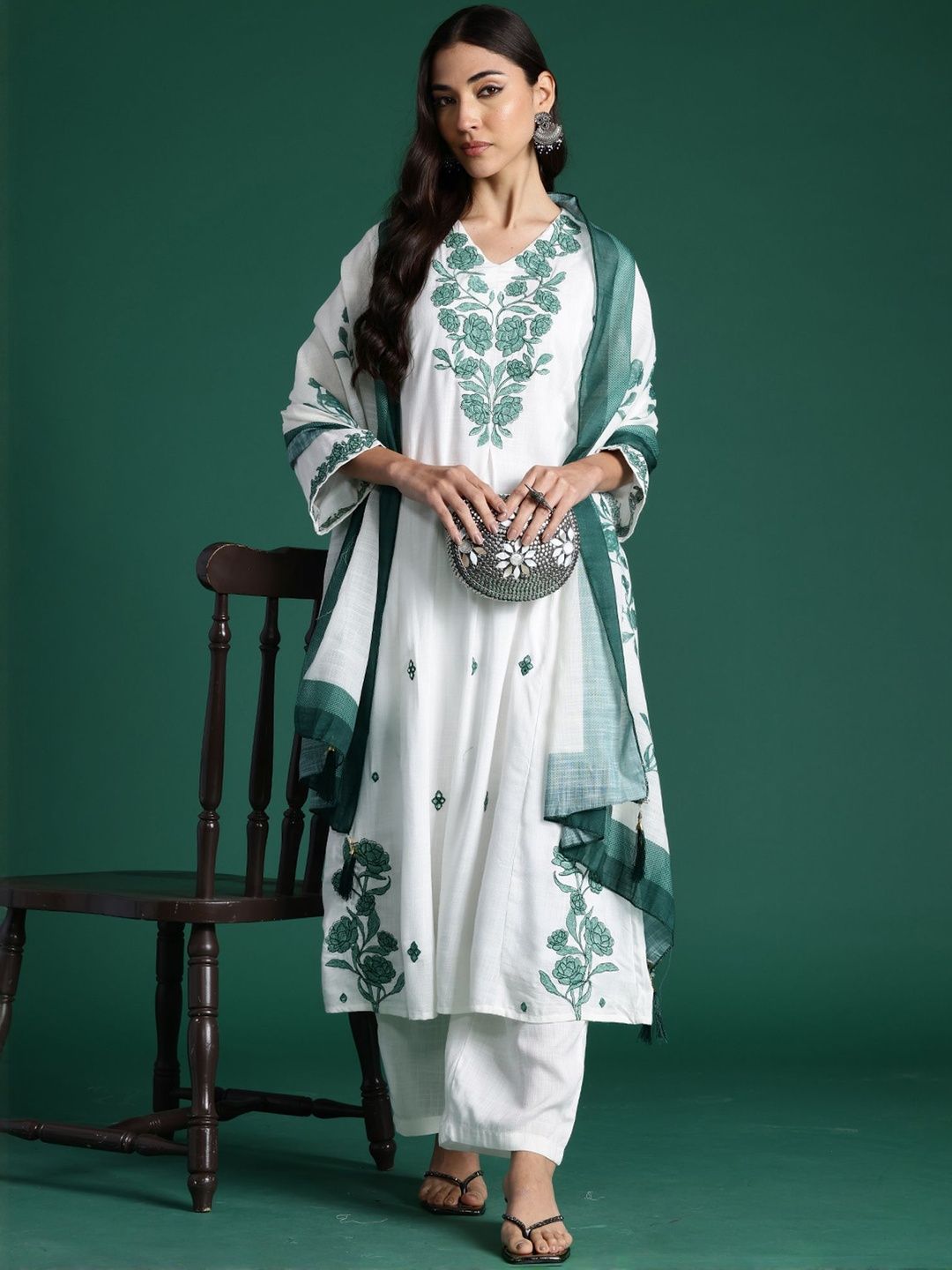 Women Floral Embroidered Regular Pure Cotton Kurta With Trousers & Dupatta