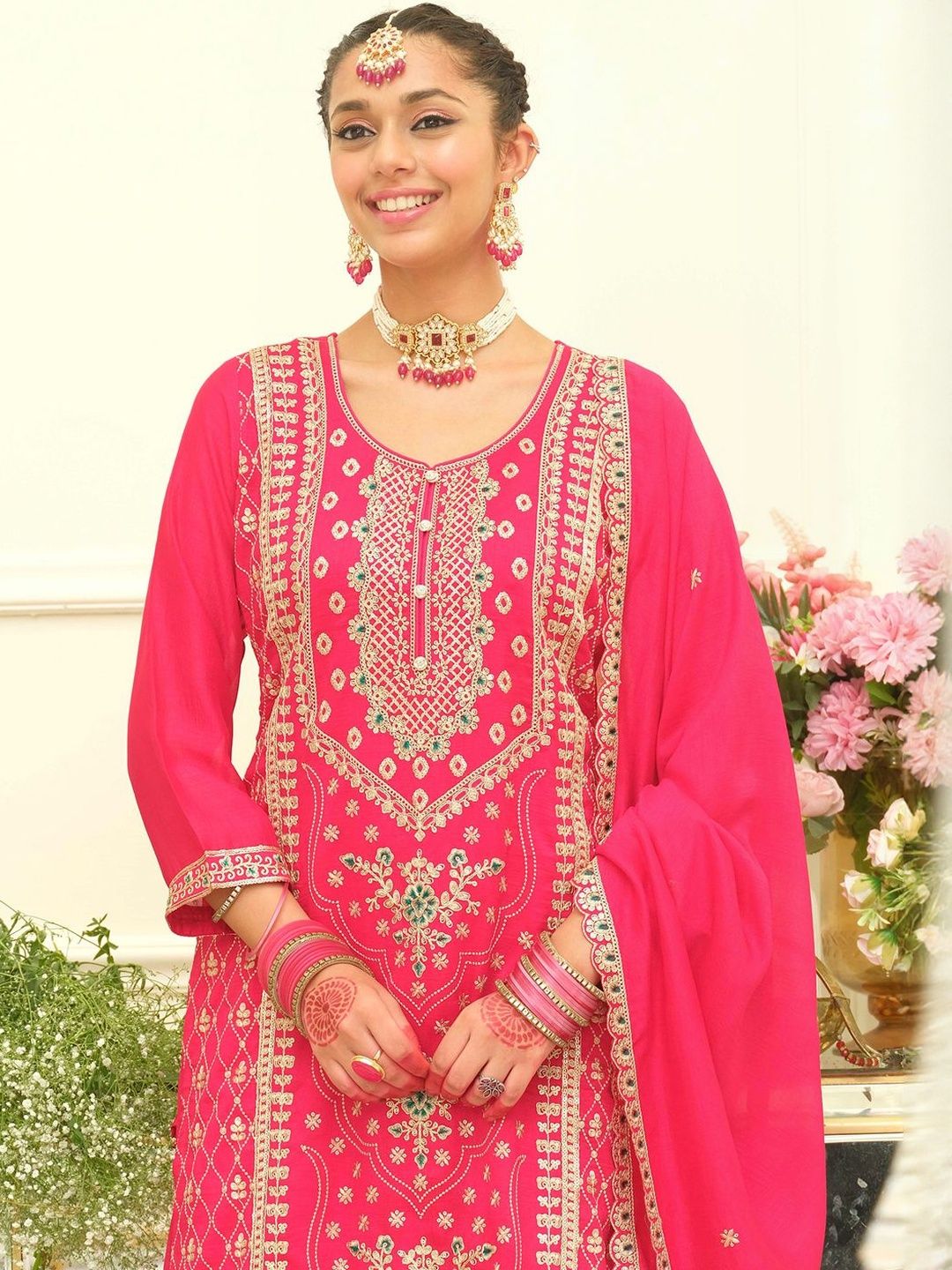 Women Ethnic Motifs Embroidered Regular Kurta with Palazzos & With Dupatta