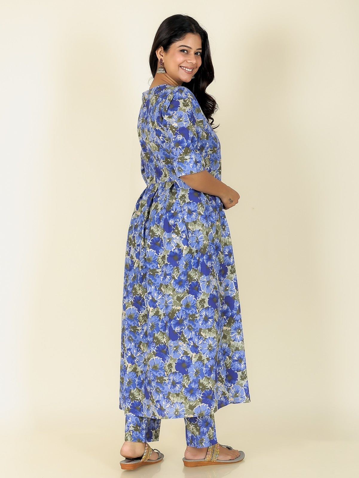 Women's Cotton Blue A-line Kurta Set