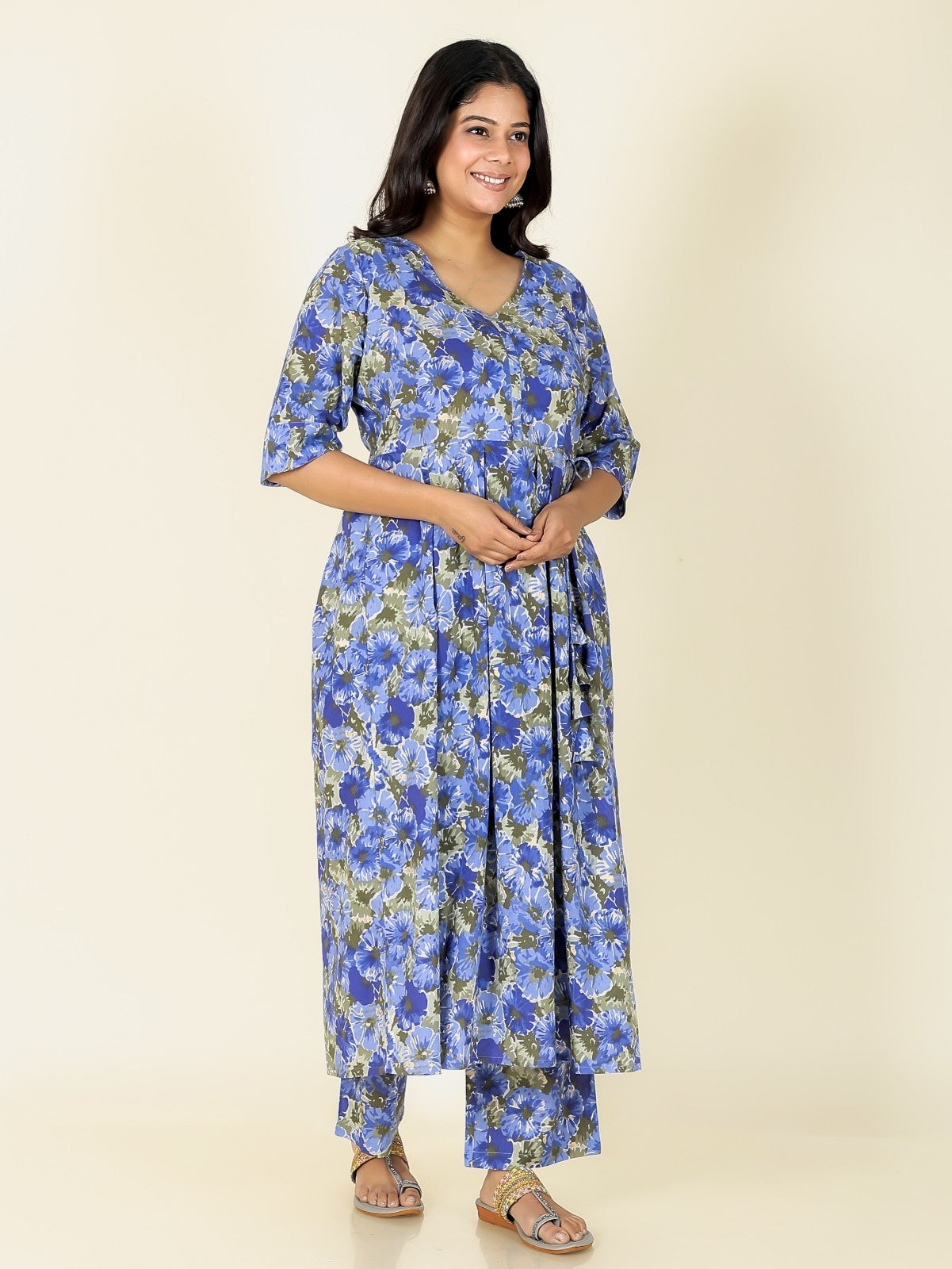 Women's Cotton Blue A-line Kurta Set