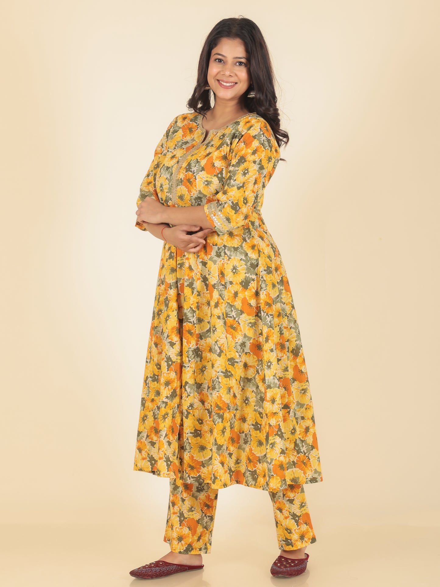 Women's Cotton Yellow Anarkali Kurta