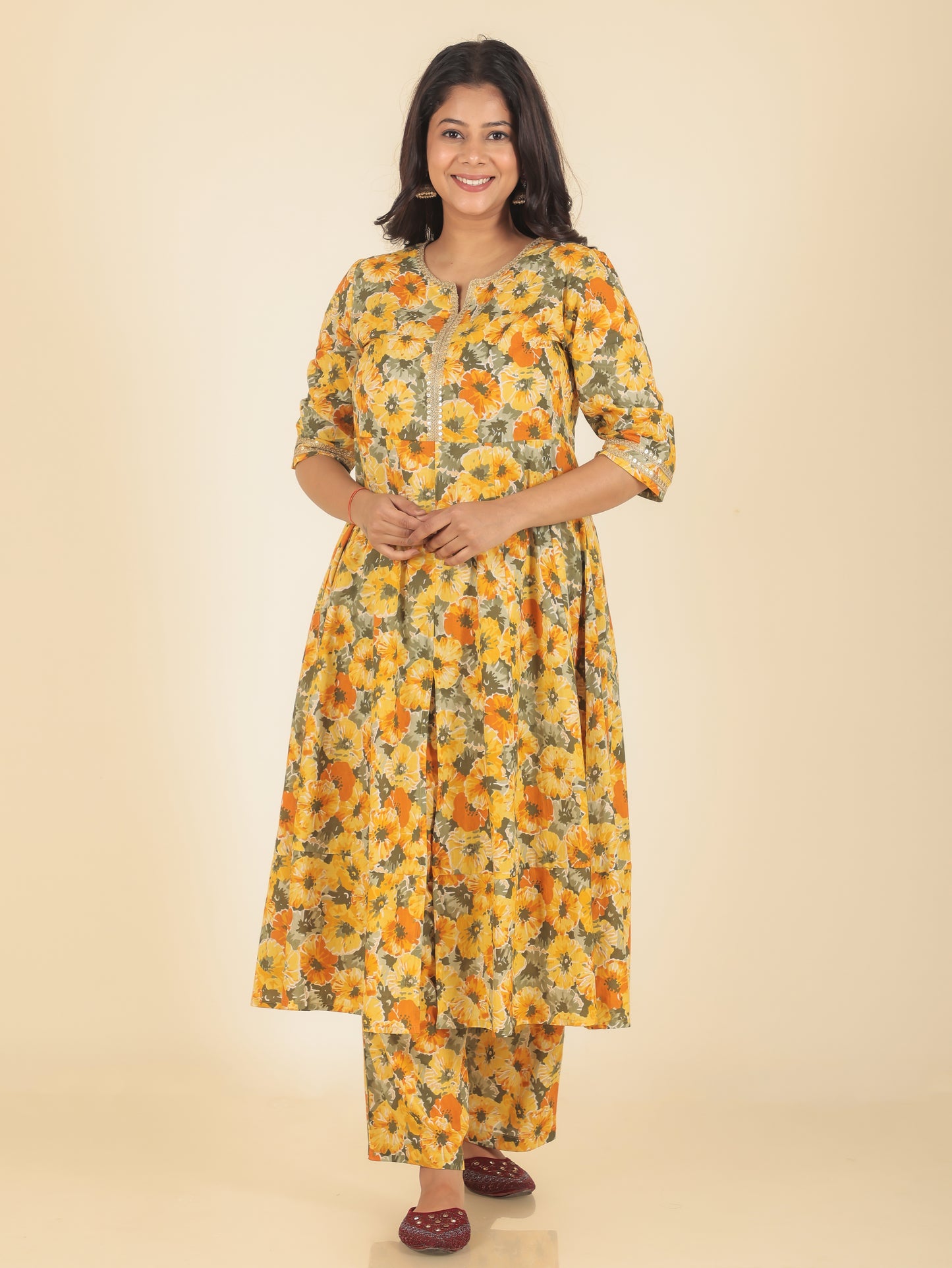 Women's Cotton Yellow Anarkali Kurta Set