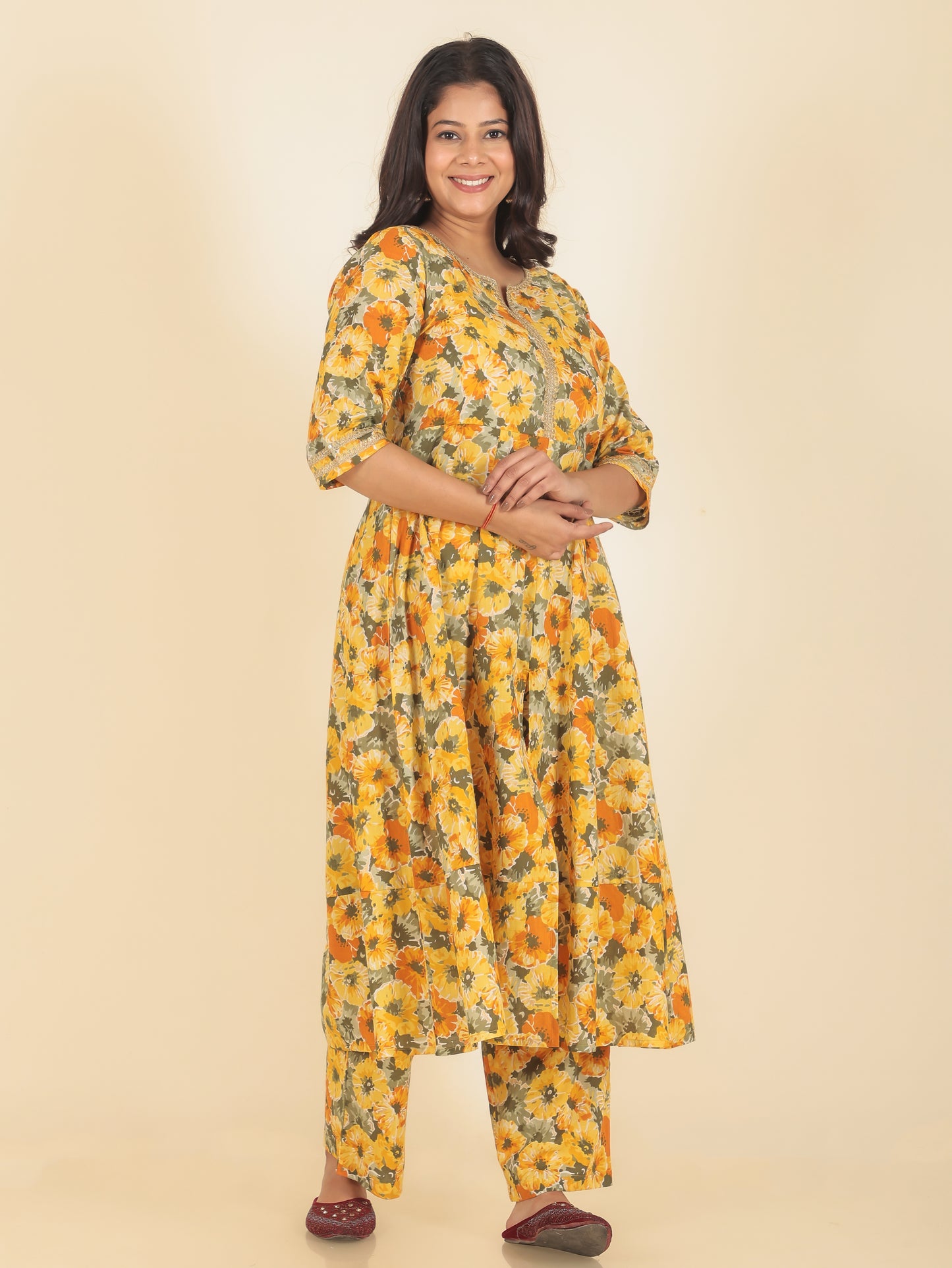 Women's Cotton Yellow Anarkali Kurta