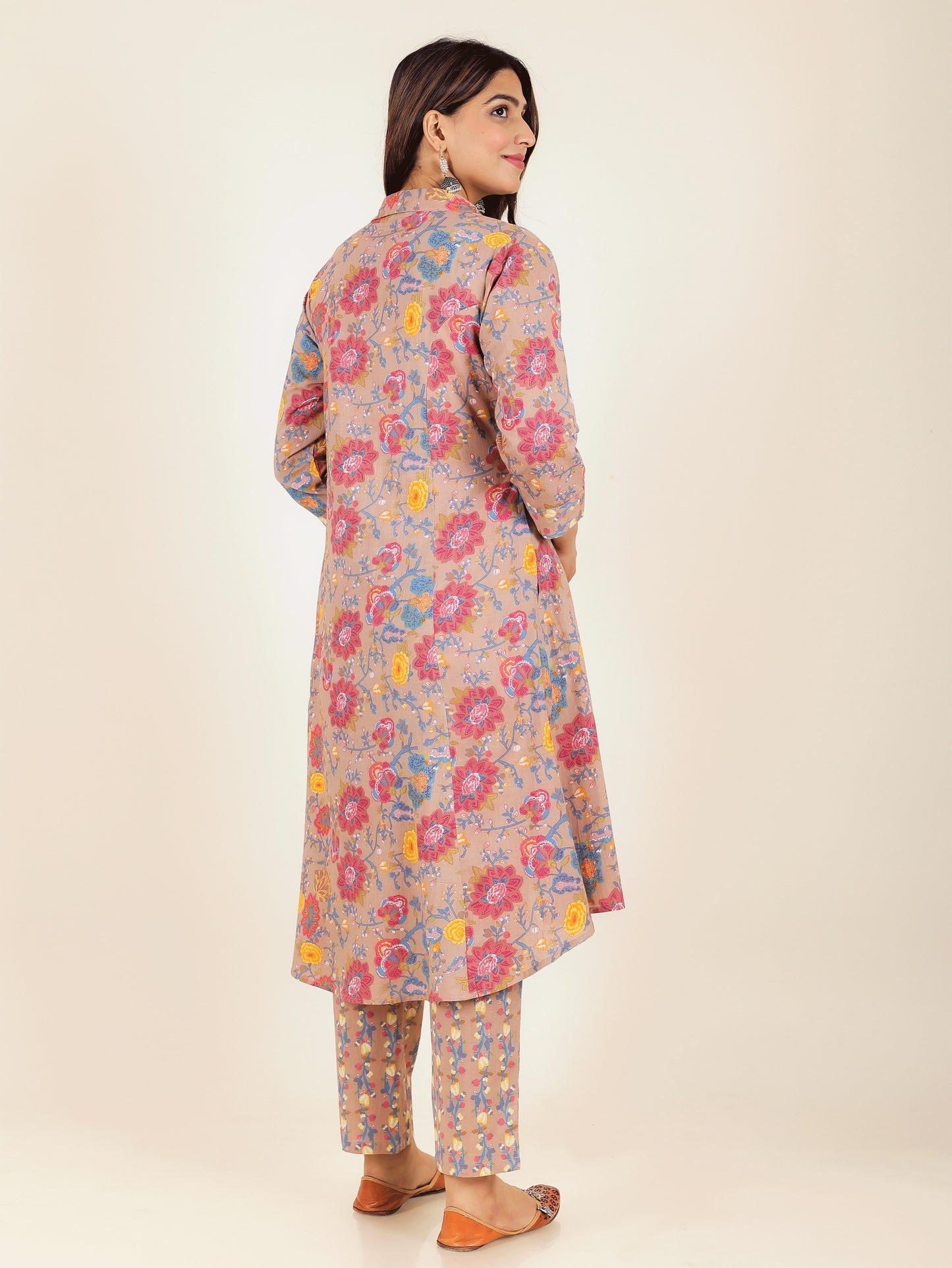 Women's Cotton Brown High Low Kurta Set