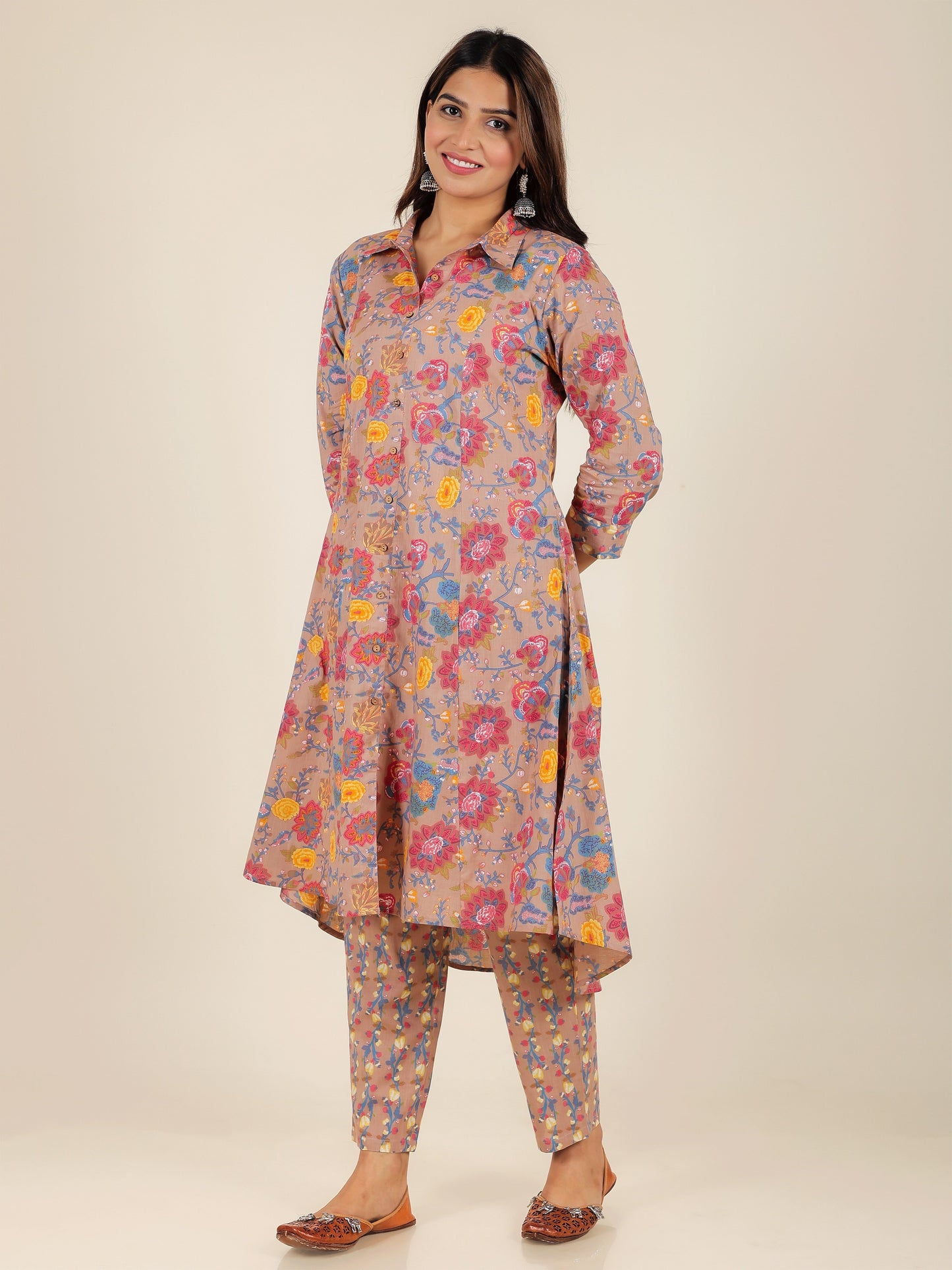 Women's Cotton Brown High Low Kurta Set
