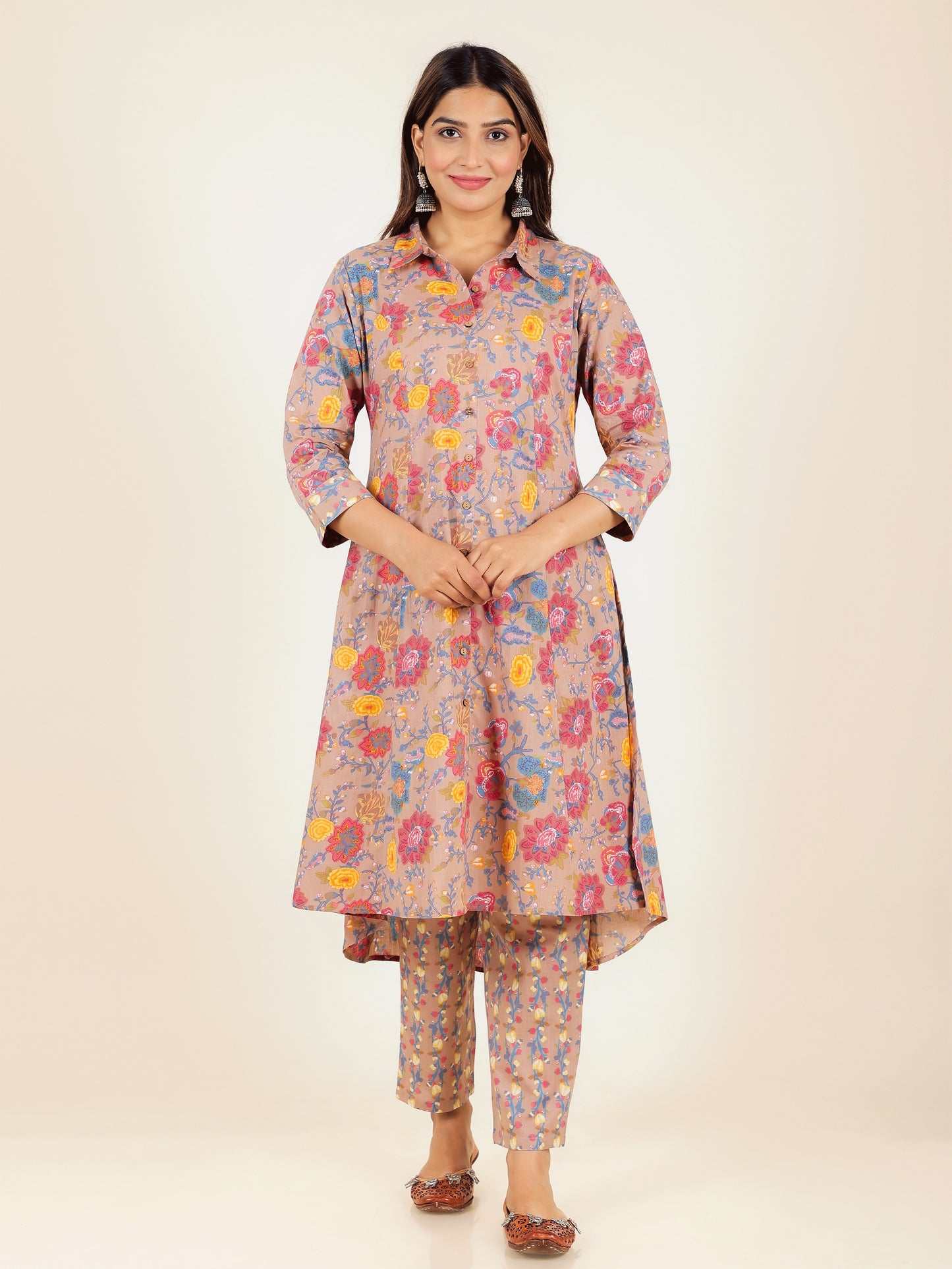 Women's Cotton Brown High Low Kurta