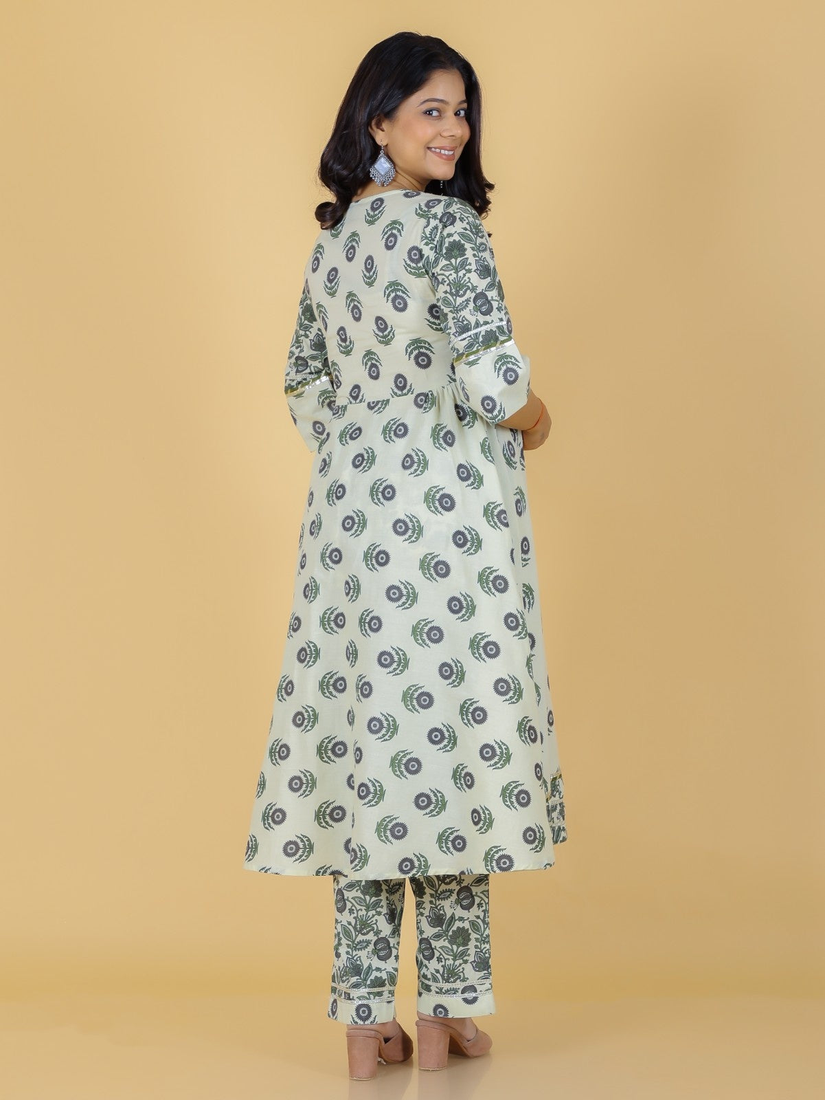 Women's Cotton Off White Flared Kurta Set