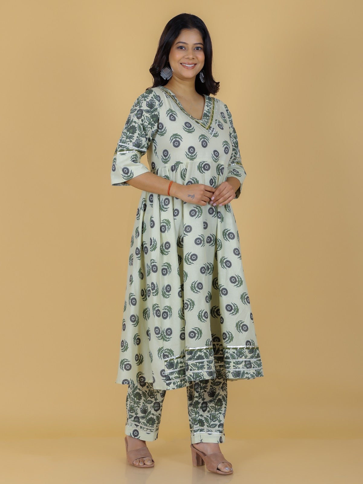 Women's Cotton Off White Flared Kurta Set