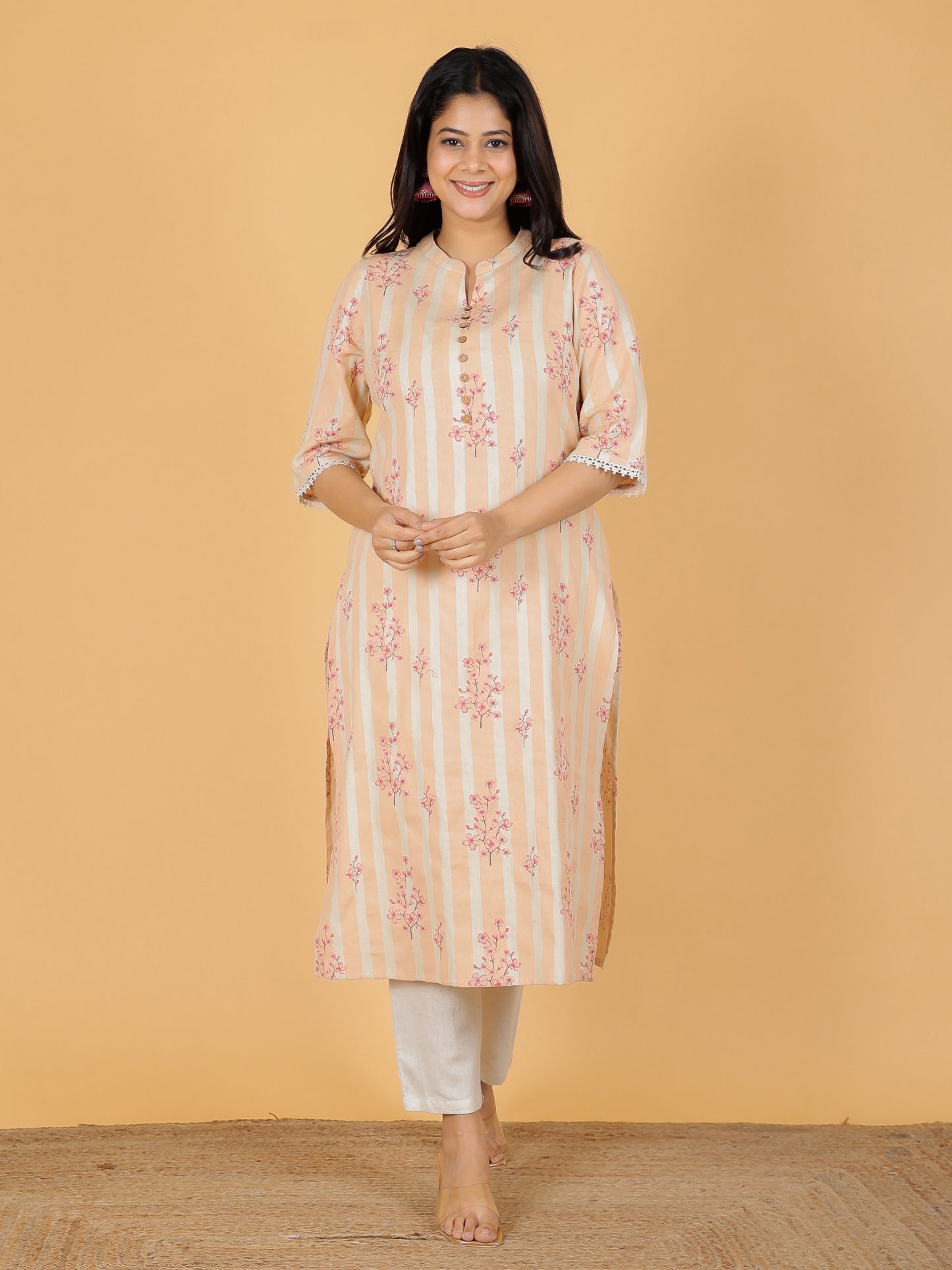 Women's Linen Orange Straight Kurta Set