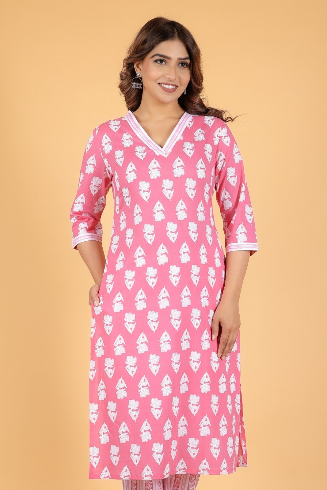 Women's Cotton Pink Straight Kurta Set