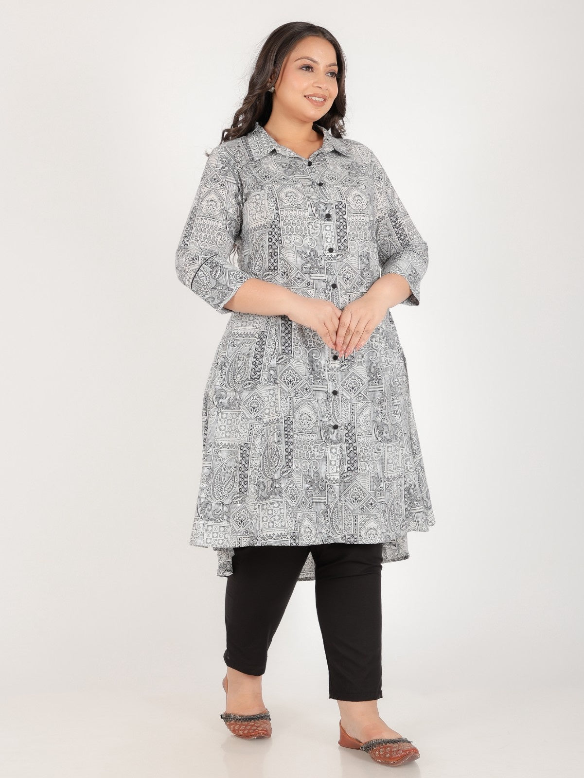 Women's Cotton Black High Low Kurta Set
