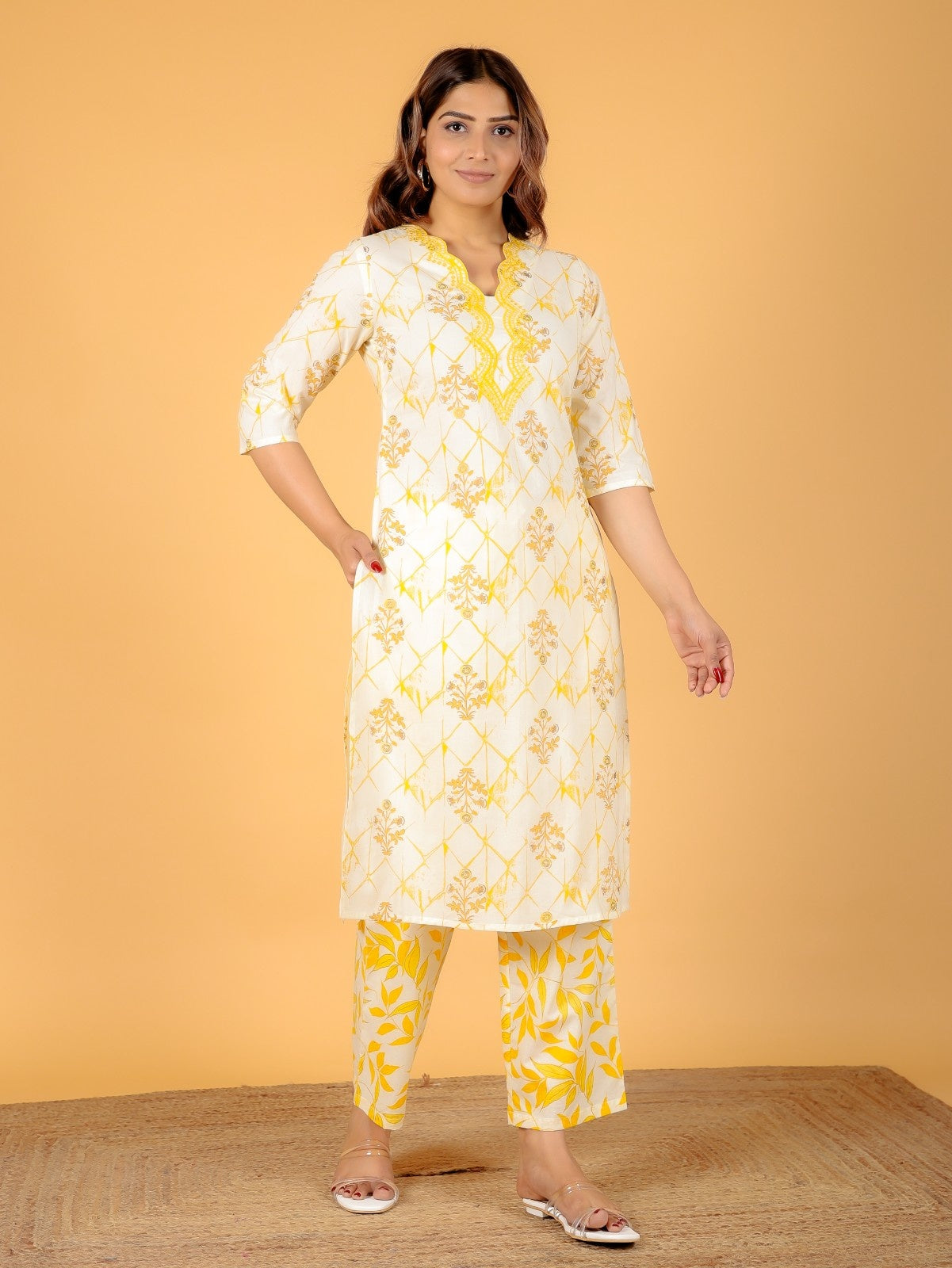 Women's Cotton Yellow Straight Kurta Set