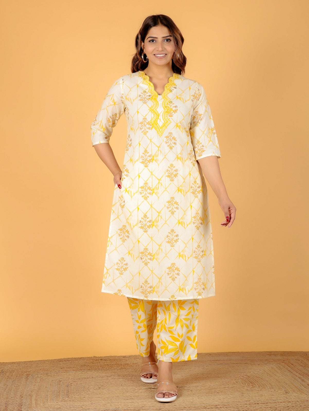 Women's Cotton Yellow Straight Kurta Set