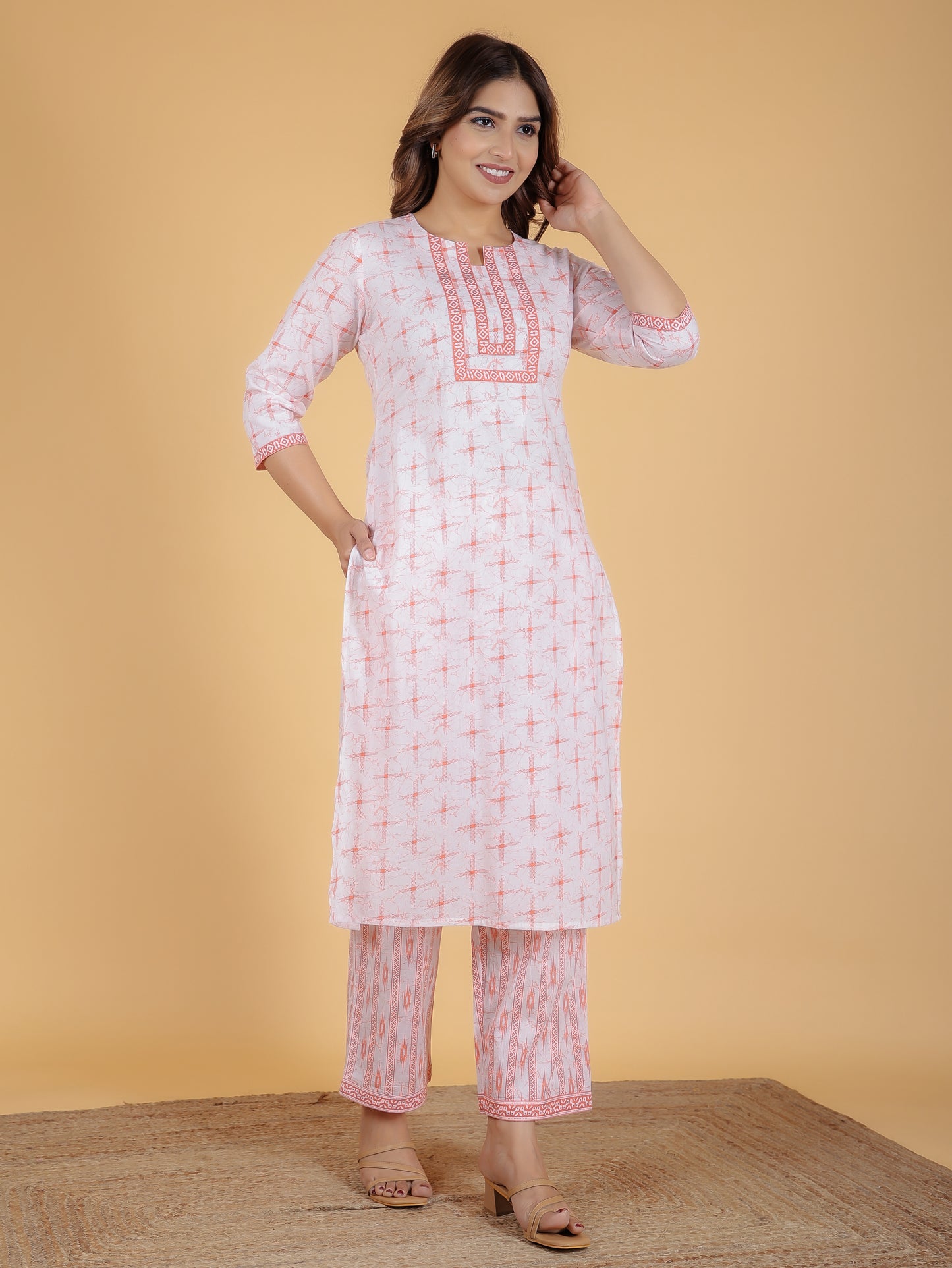 Women's Cotton Orange Straight Kurta Set