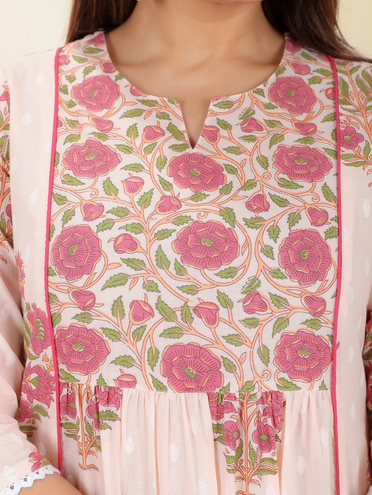 Women's Cotton Pink Panelled Kurta