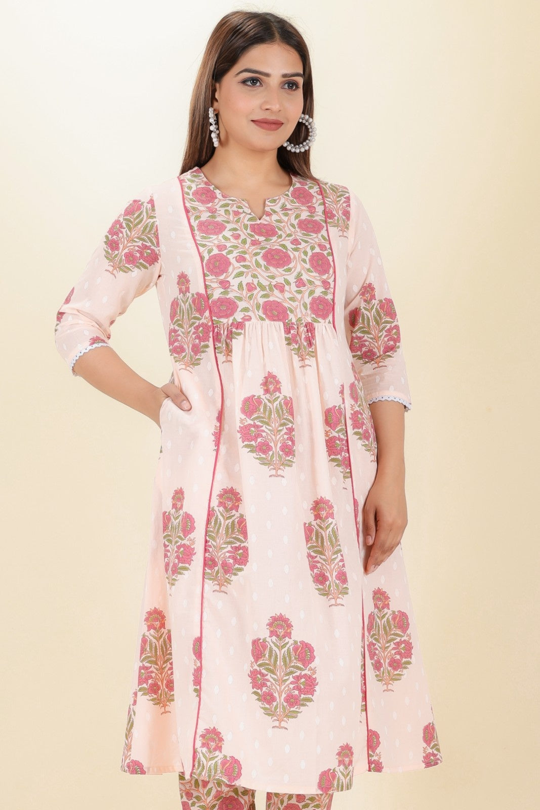 Women's Cotton Pink Panelled Kurta Set