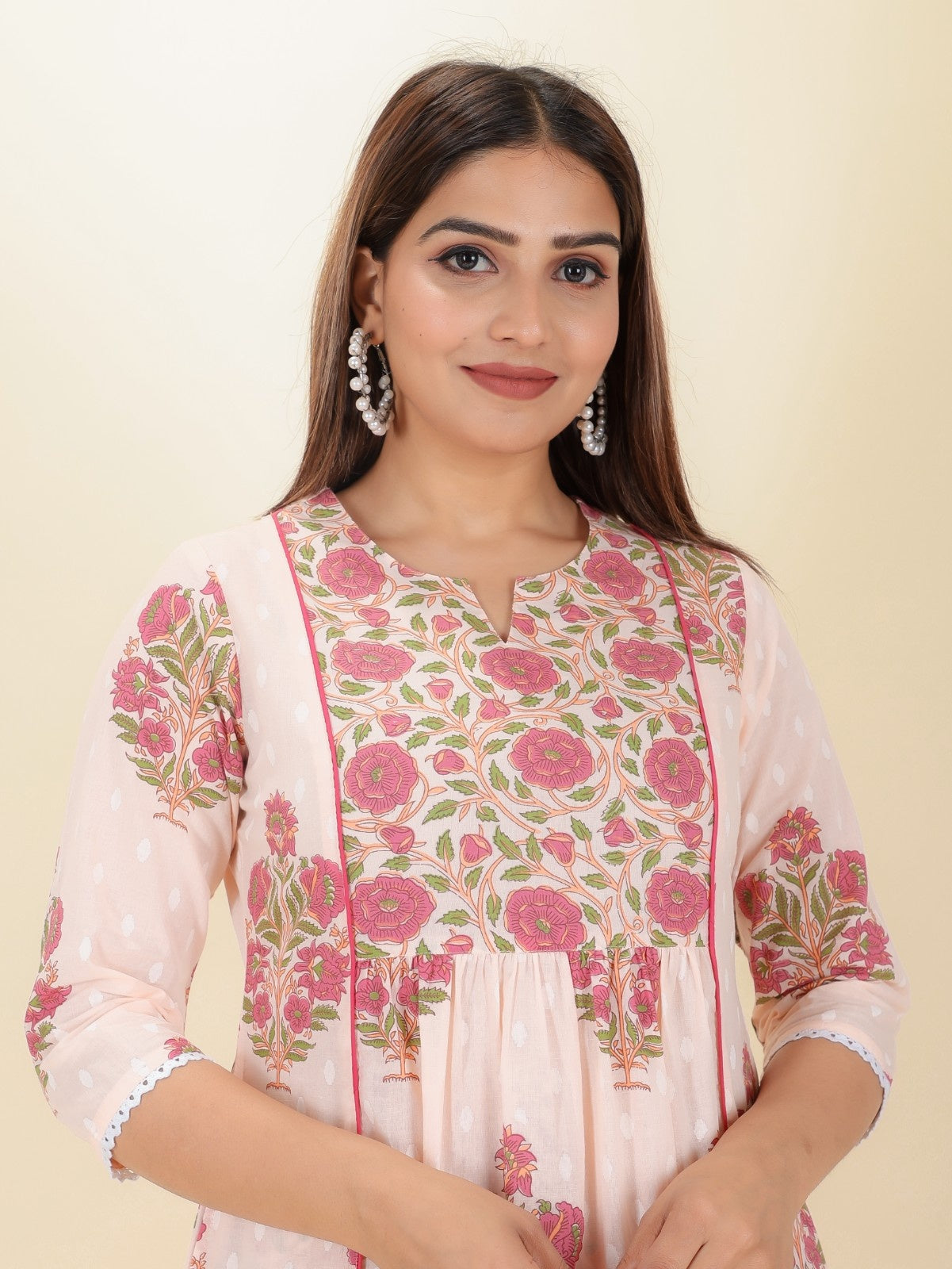 Women's Cotton Pink Panelled Kurta Set