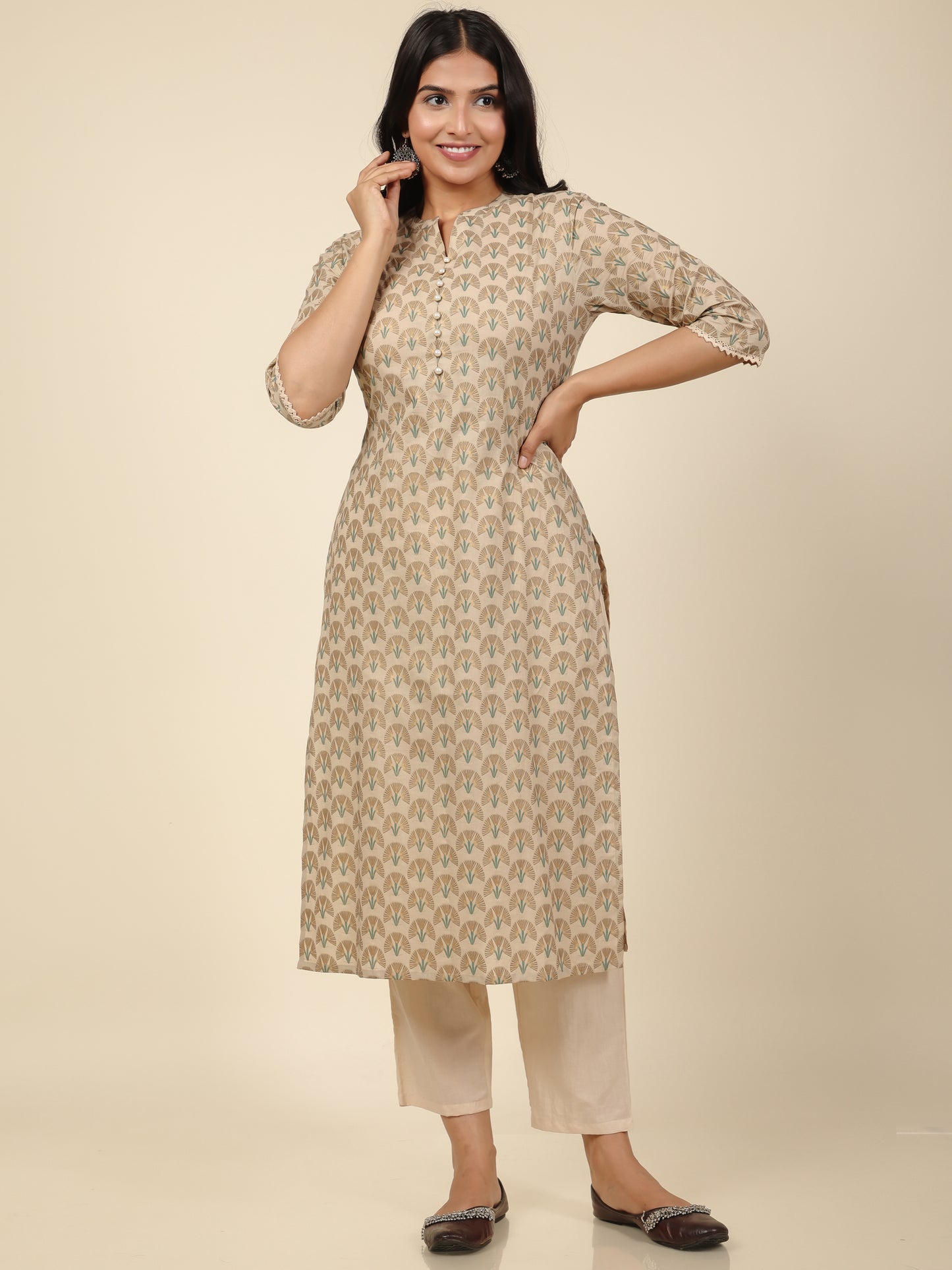 Women's Cotton Off White Straight Kurta Set