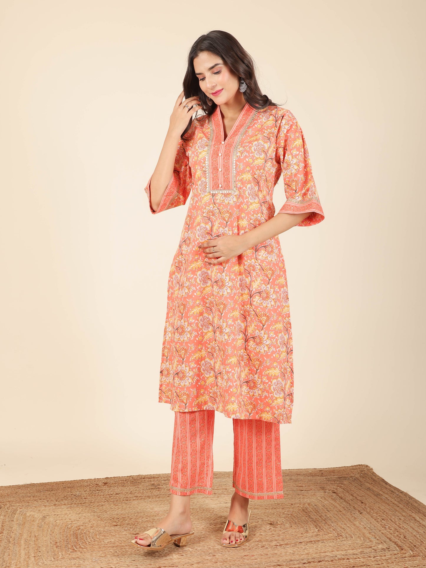 Women's Cotton Orange Straight Kurta