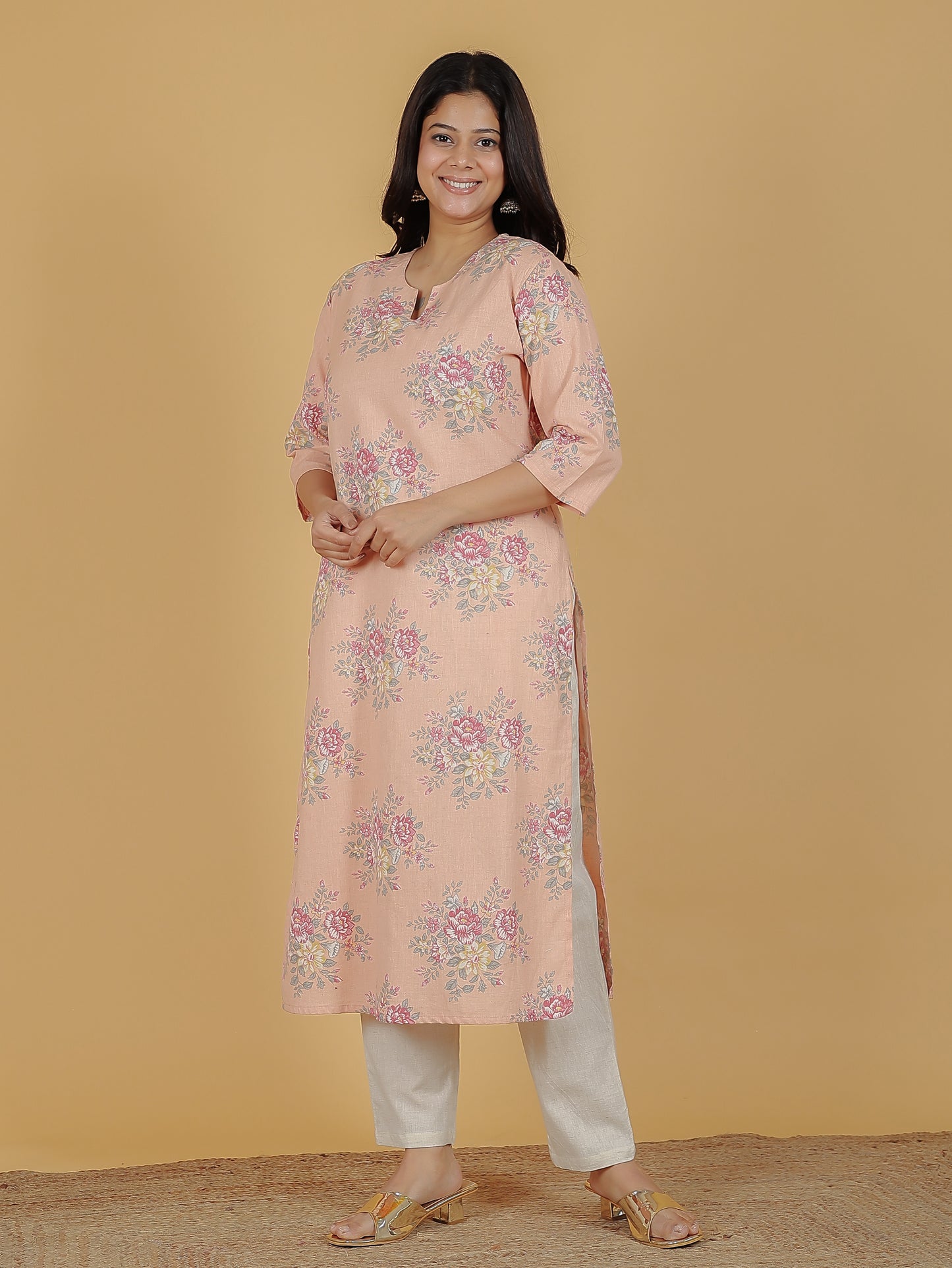 Women's Linen Orange Straight Kurta