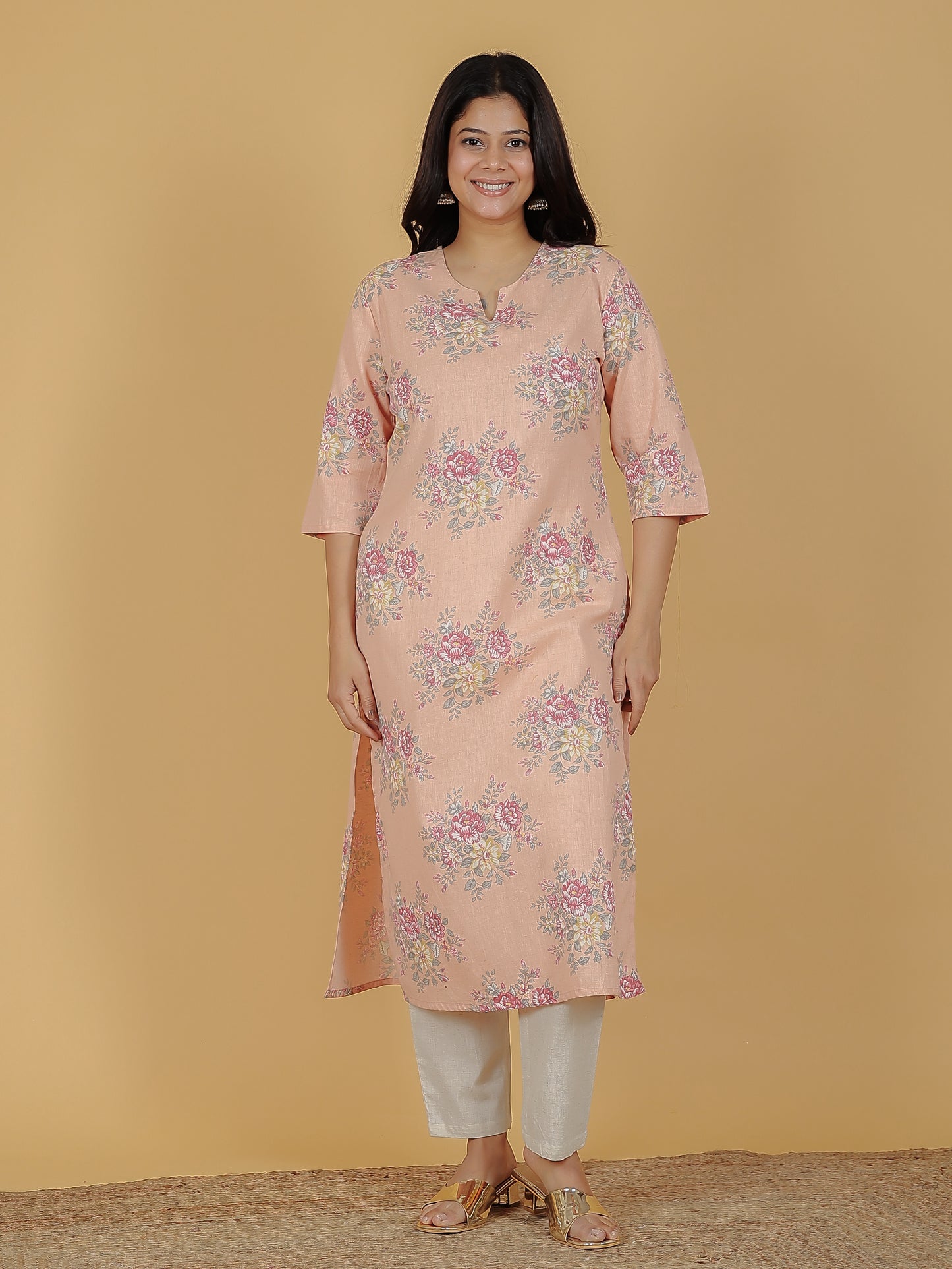 Women's Linen Orange Straight Kurta Set