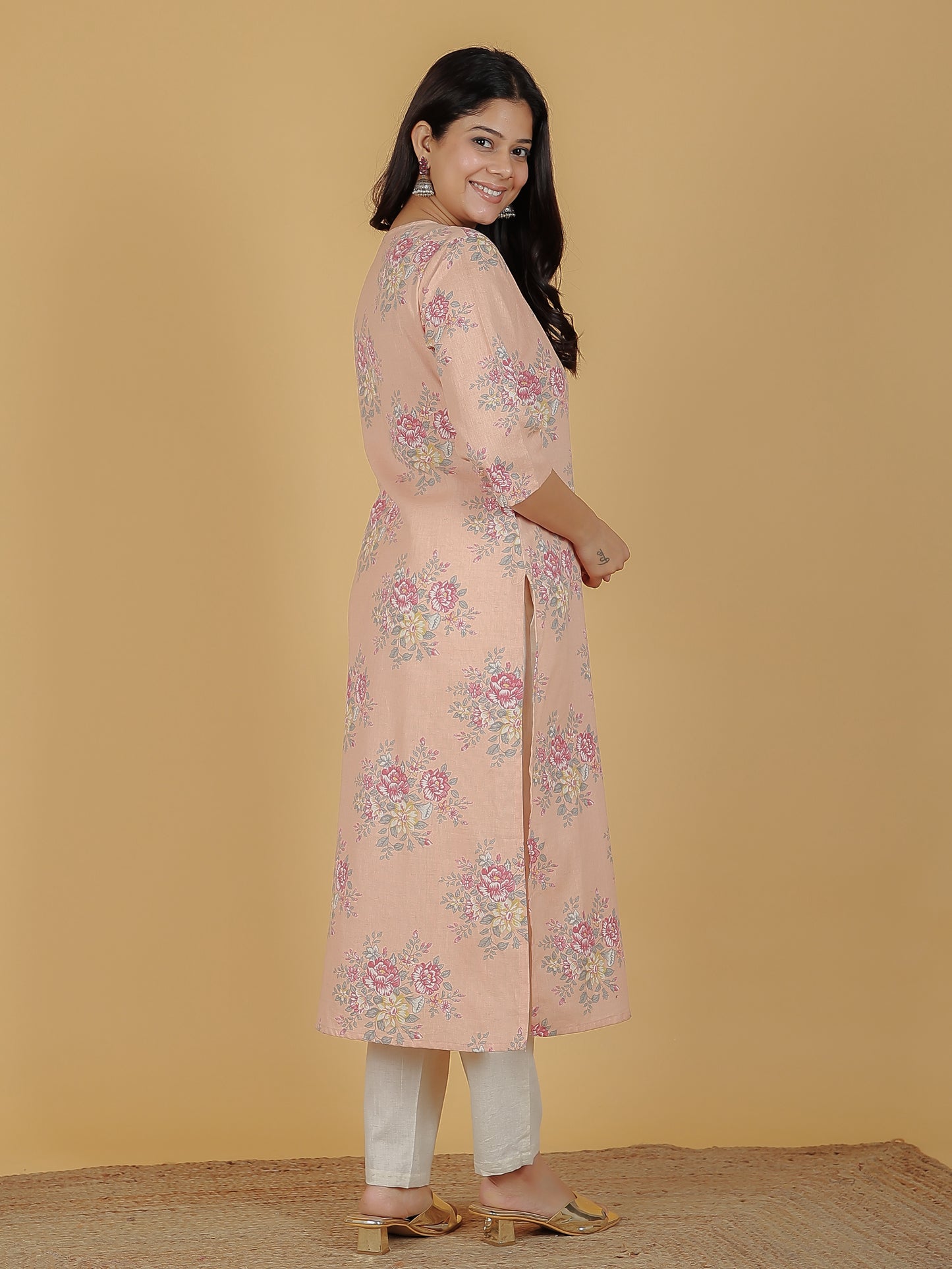 Women's Linen Orange Straight Kurta
