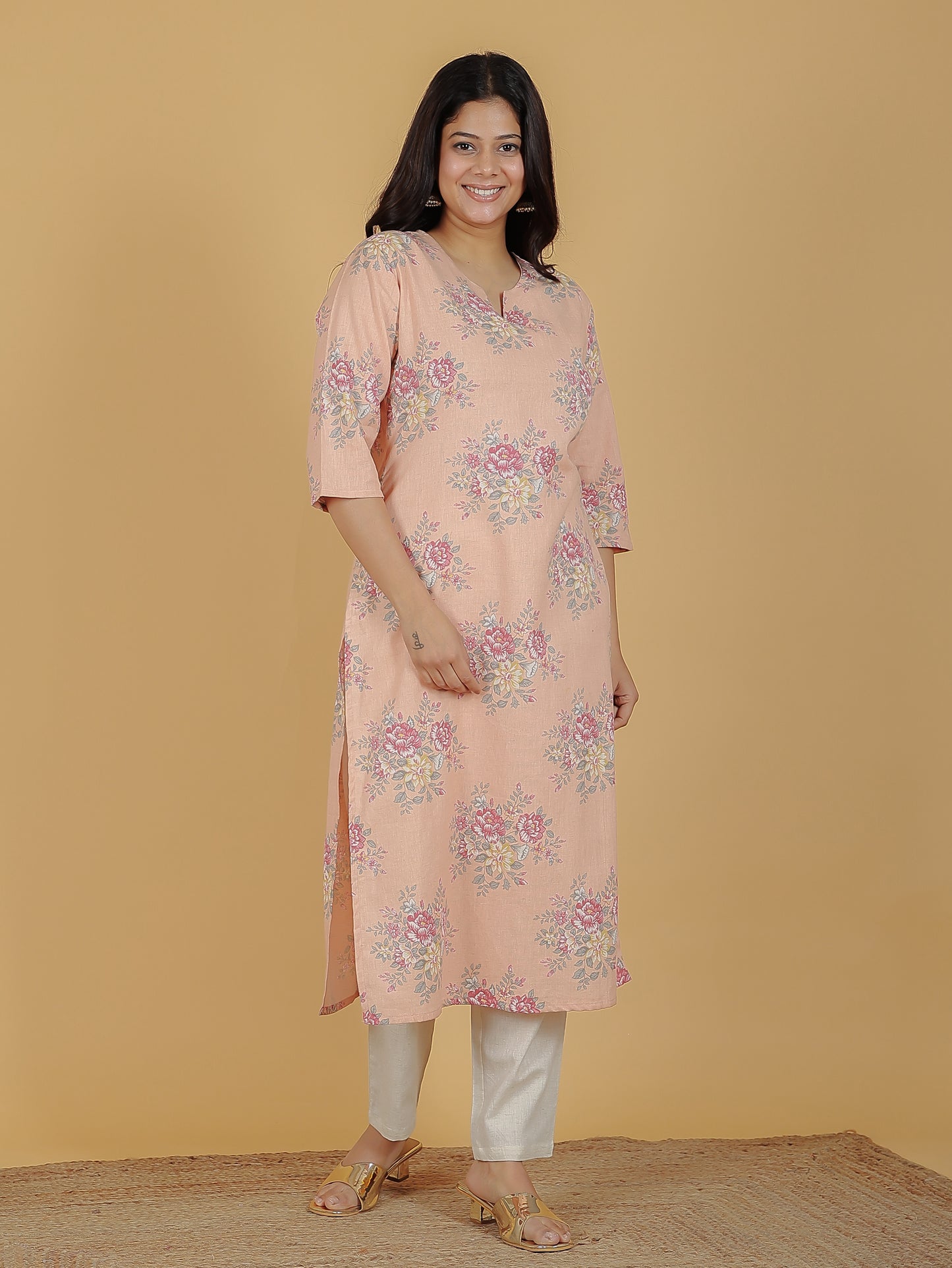Women's Linen Orange Straight Kurta