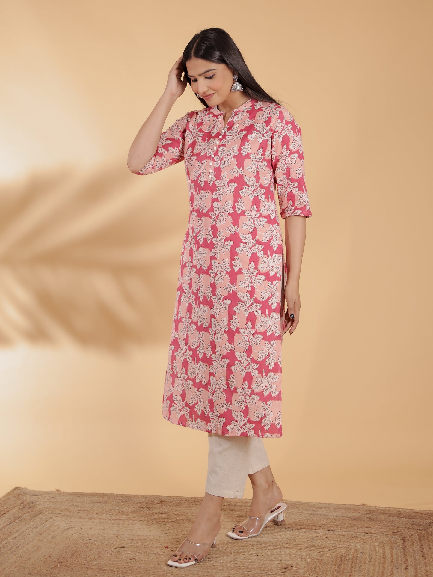 Women's Linen Pink Straight Kurta Set
