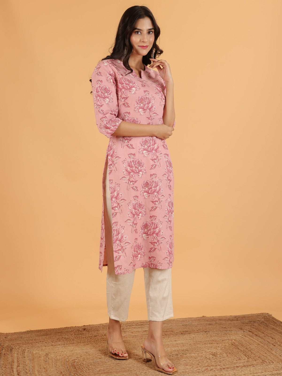 Women's Linen Pink Straight Kurta
