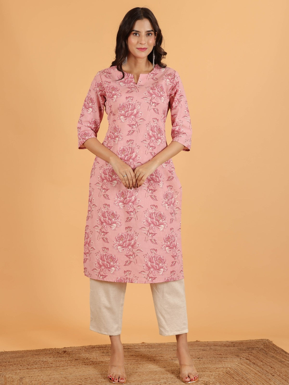 Women's Linen Pink Straight Kurta Set