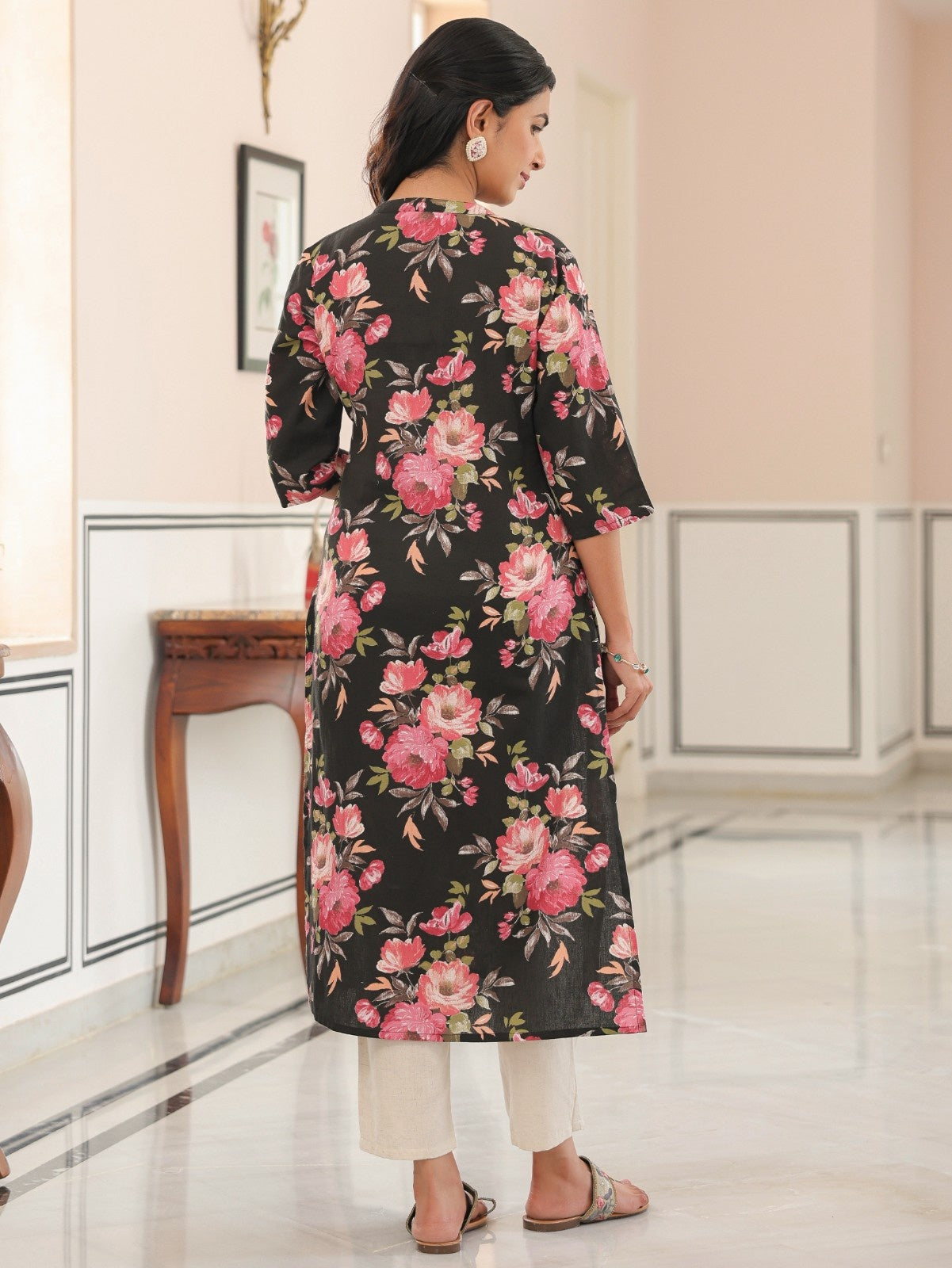 Women's Linen Black Straight Kurta