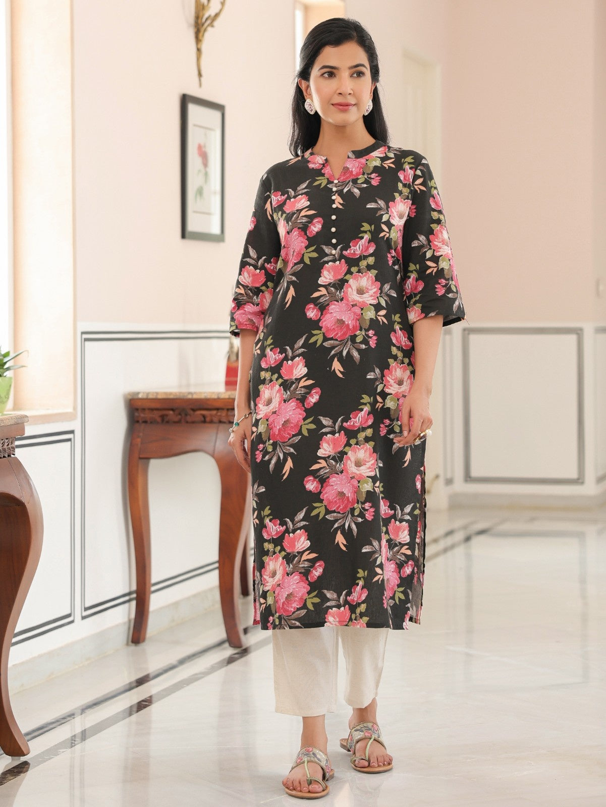 Women's Linen Black Straight Kurta