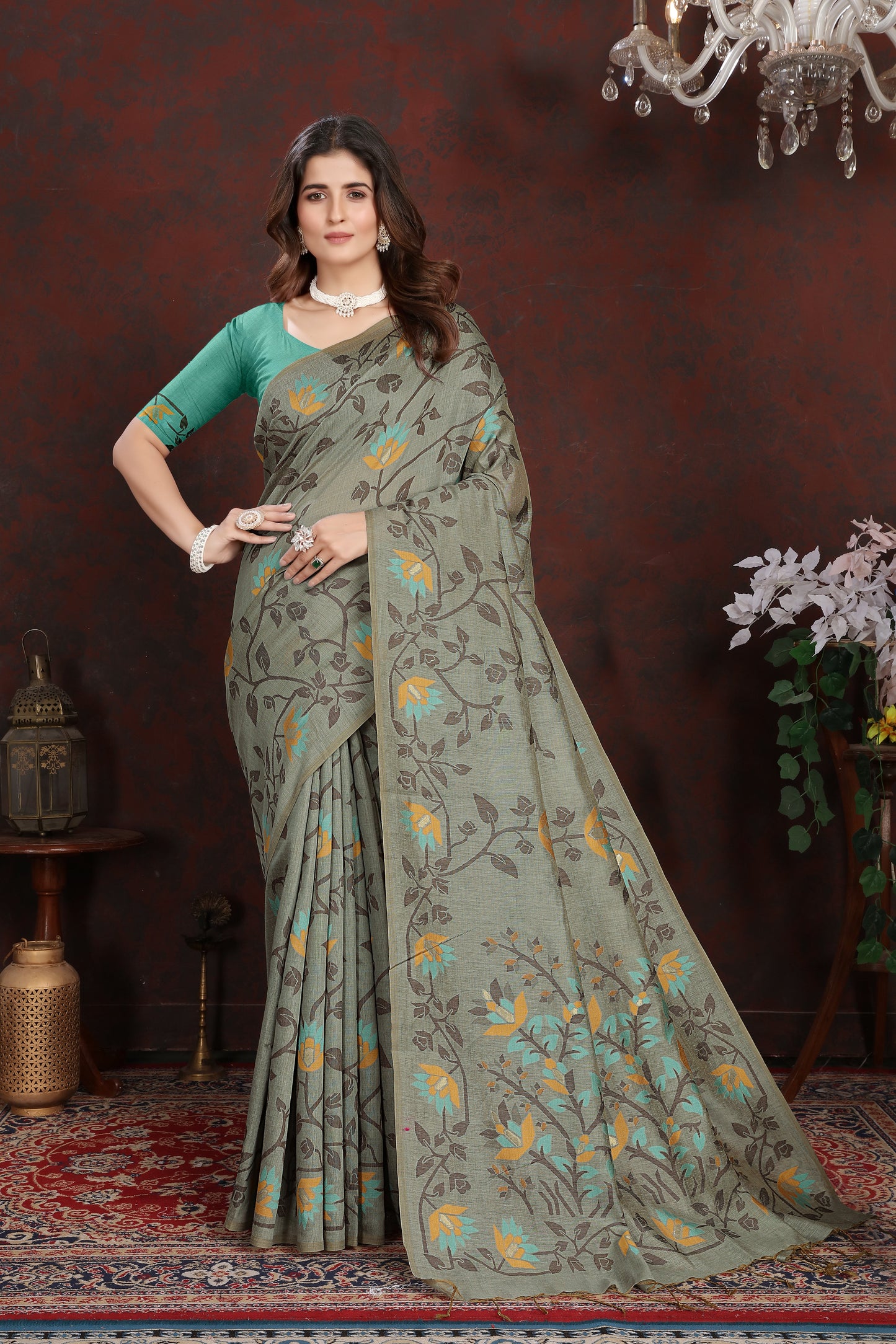 Dhiyona GR Women's Trisha Grey Pure Mul Cotton Jamdani Saree