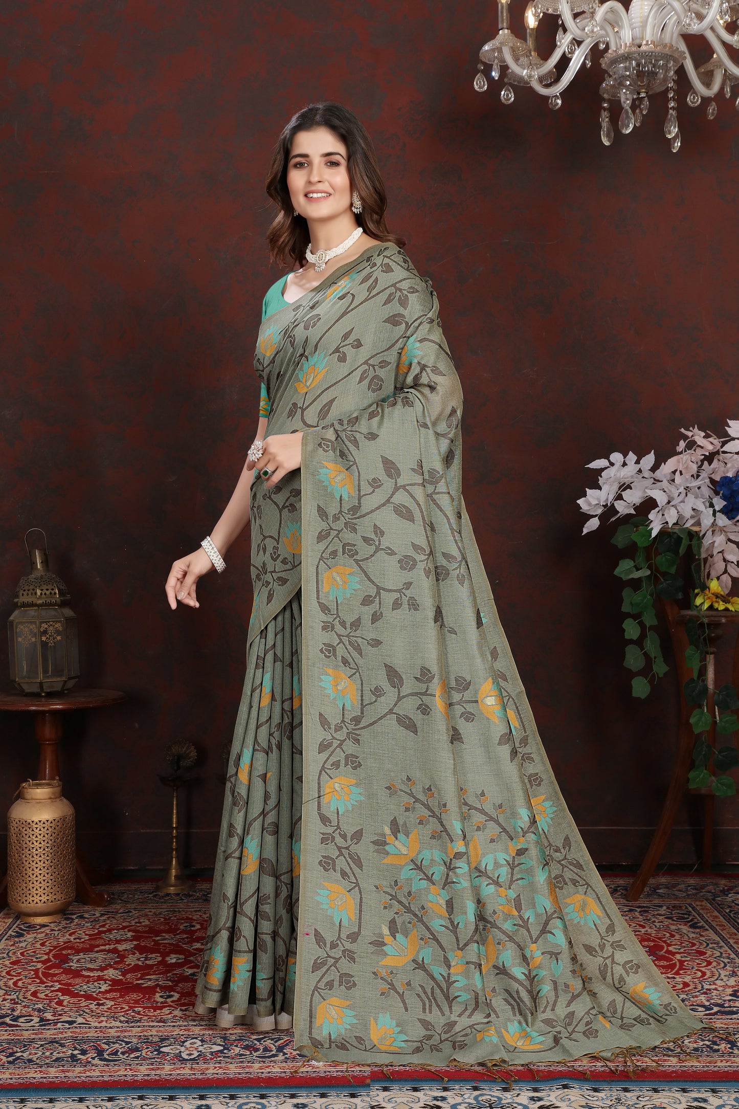 Dhiyona GR Women's Trisha Grey Pure Mul Cotton Jamdani Saree